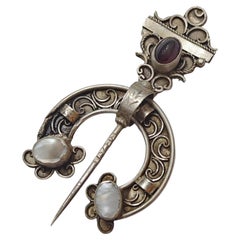 Antique French 800 Silver Fibula Brooch, Amethyst Cabochon, Pro