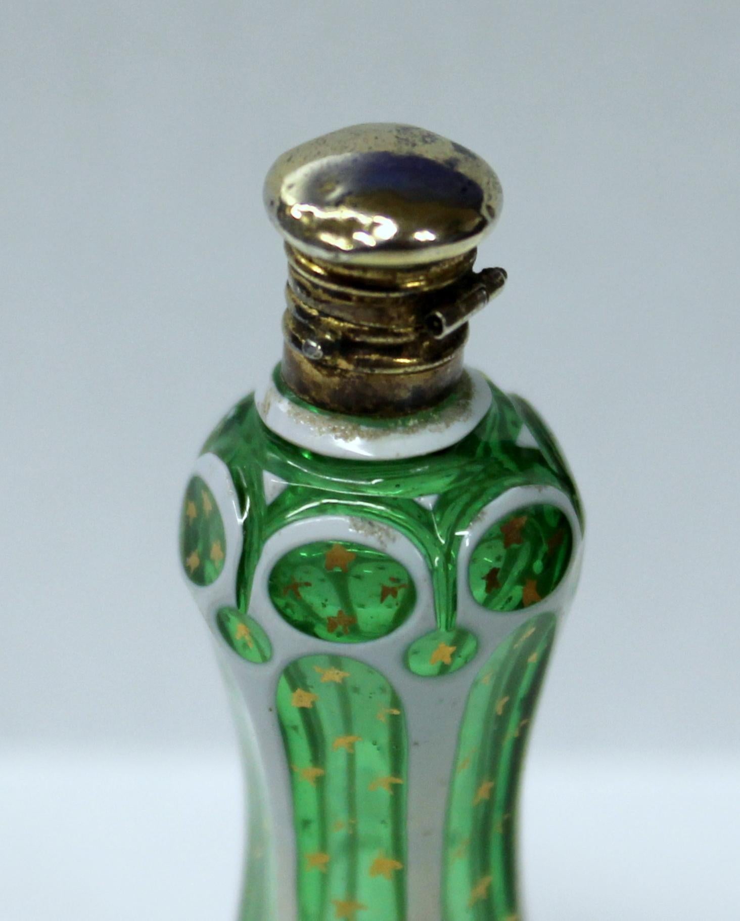 Fabulous antique French .800 silver vermeil and emerald green overlay cut crystal and enamel scent bottle with hand-painted gilt 