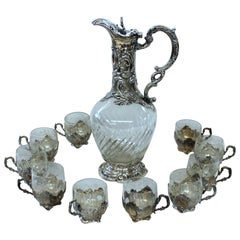 Antique French .950 Fine Silver and Hand-Cut Crystal Liqueur or Cordial Set