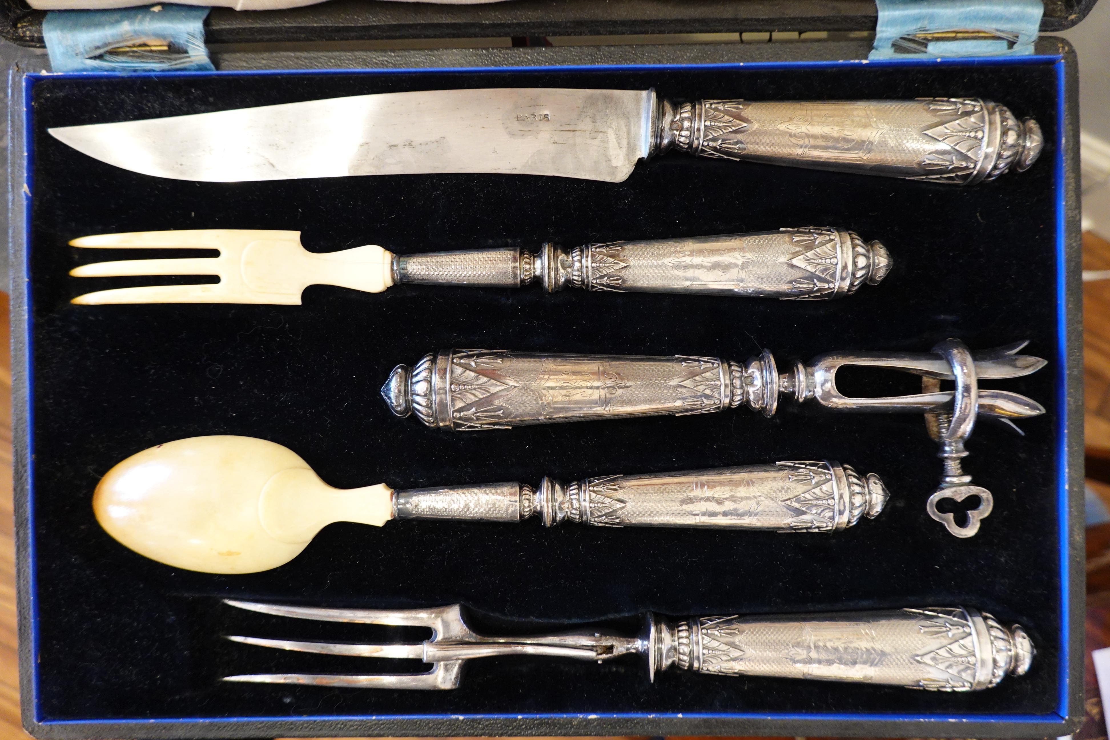 Antique French .950 Silver 5-Piece Carving Service with Gigot in Box In Good Condition For Sale In Pembroke, MA