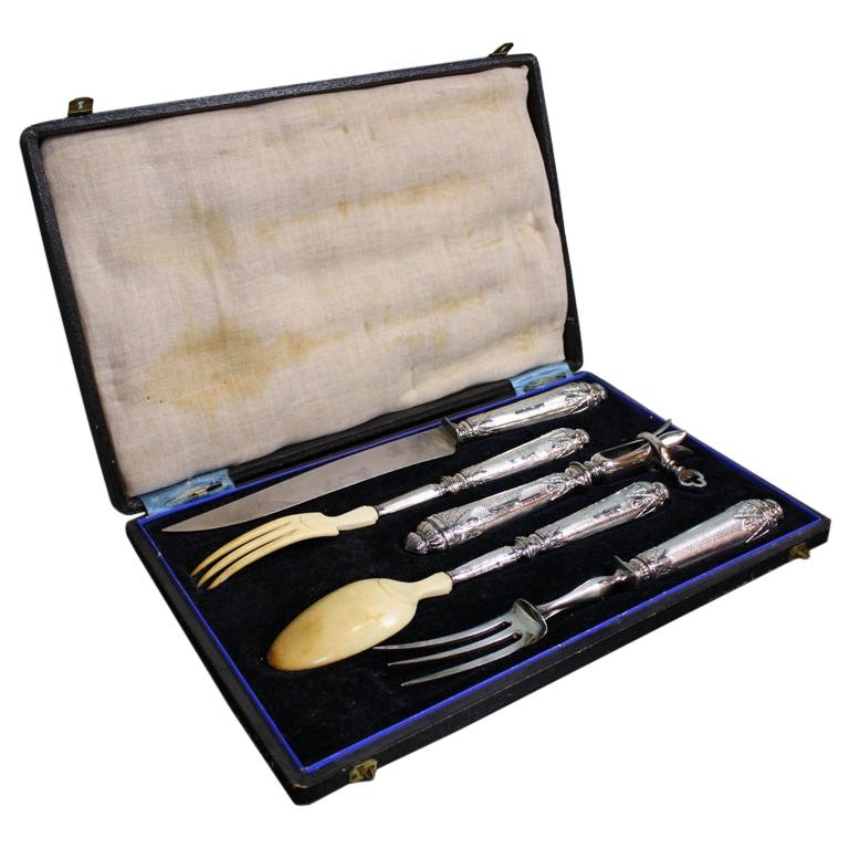 Antique French .950 Silver 5-Piece Carving Service with Gigot in Box For Sale