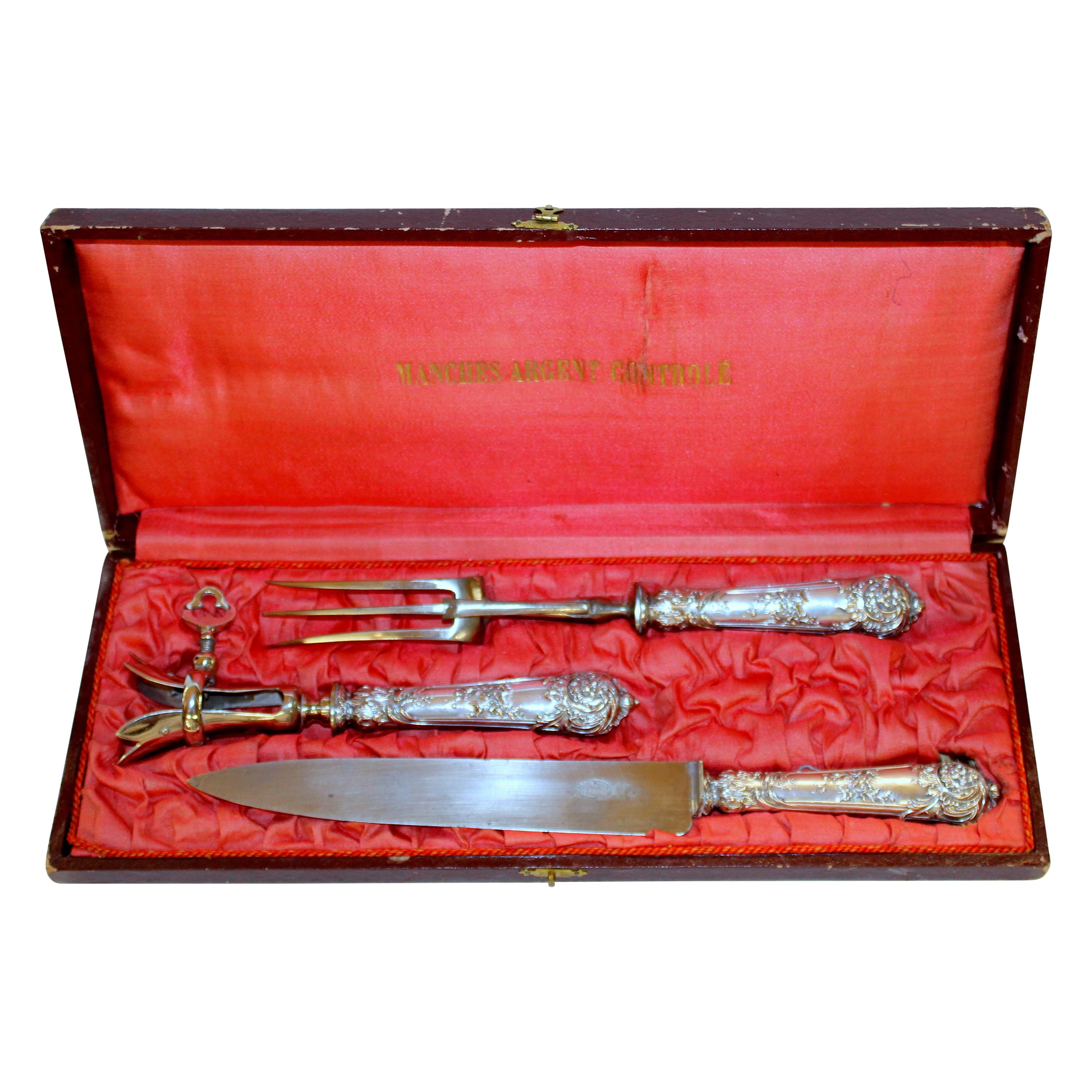 Antique French .950 Silver Rococo Style 3 Pc Carving Set with Rare Gigot