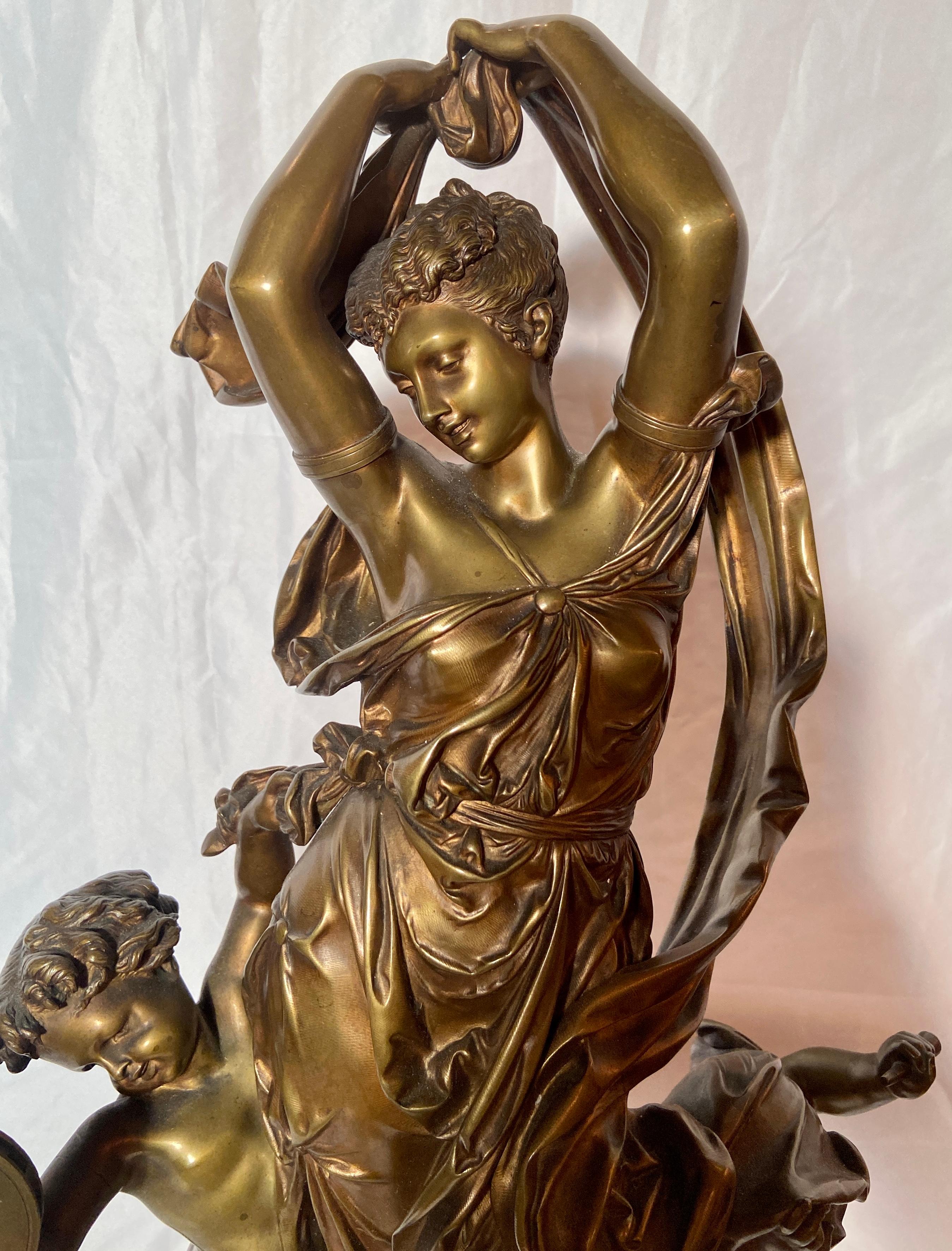 Antique 19th Century French Patinated and Gold Bronze Sculpture, Neoclassical Figures, signed with 