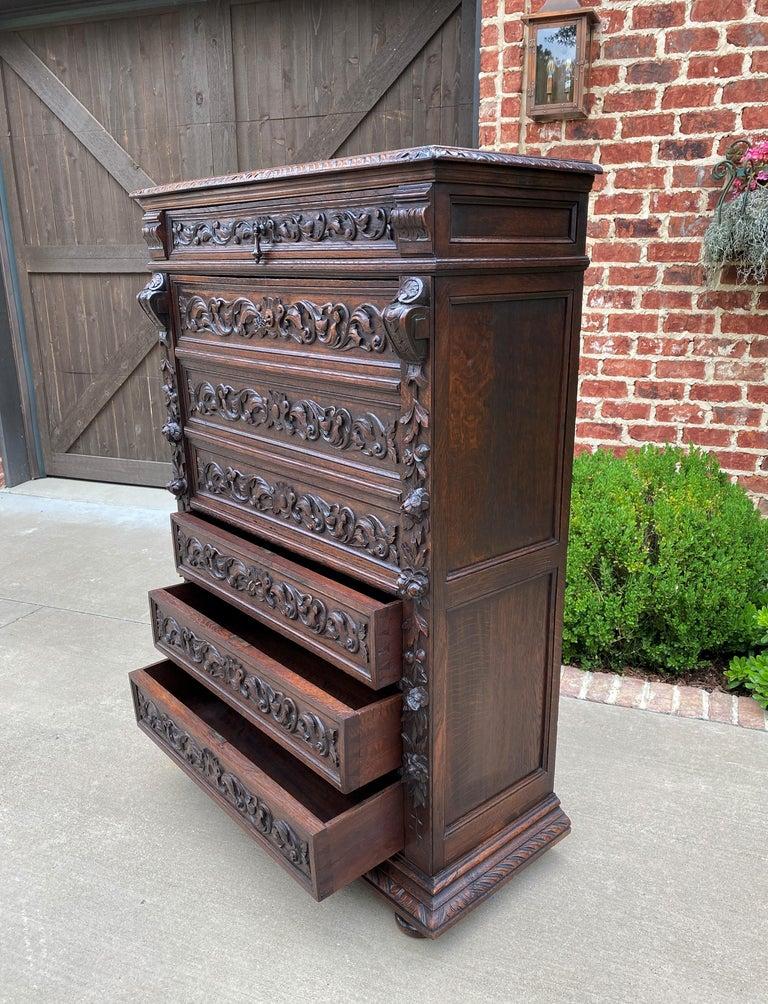Carved Antique French Abattant Desk Fall Front Secretary Chest Drawers Renaissance Oak For Sale