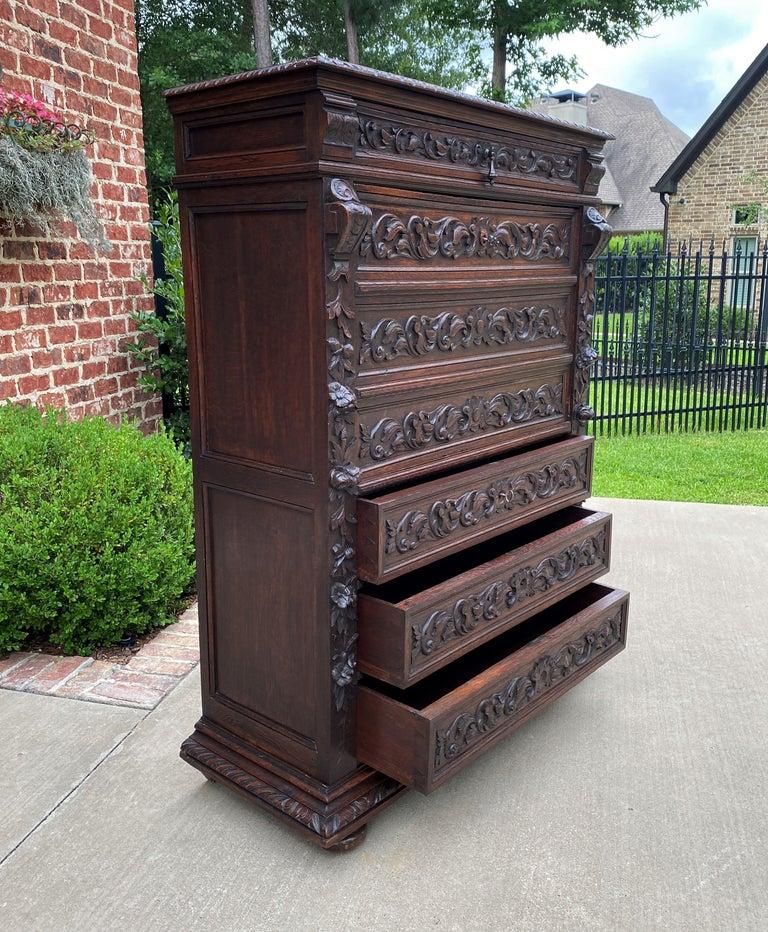 Antique French Abattant Desk Fall Front Secretary Chest Drawers Renaissance Oak In Good Condition For Sale In Tyler, TX