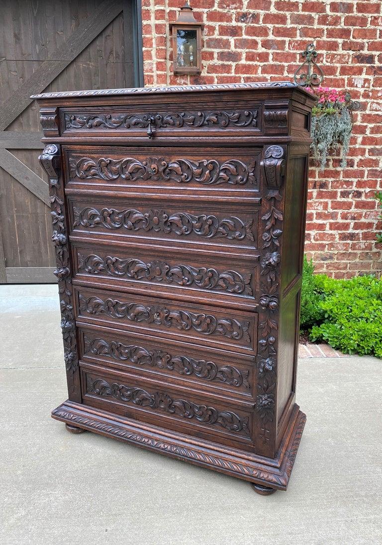 Late 19th Century Antique French Abattant Desk Fall Front Secretary Chest Drawers Renaissance Oak For Sale