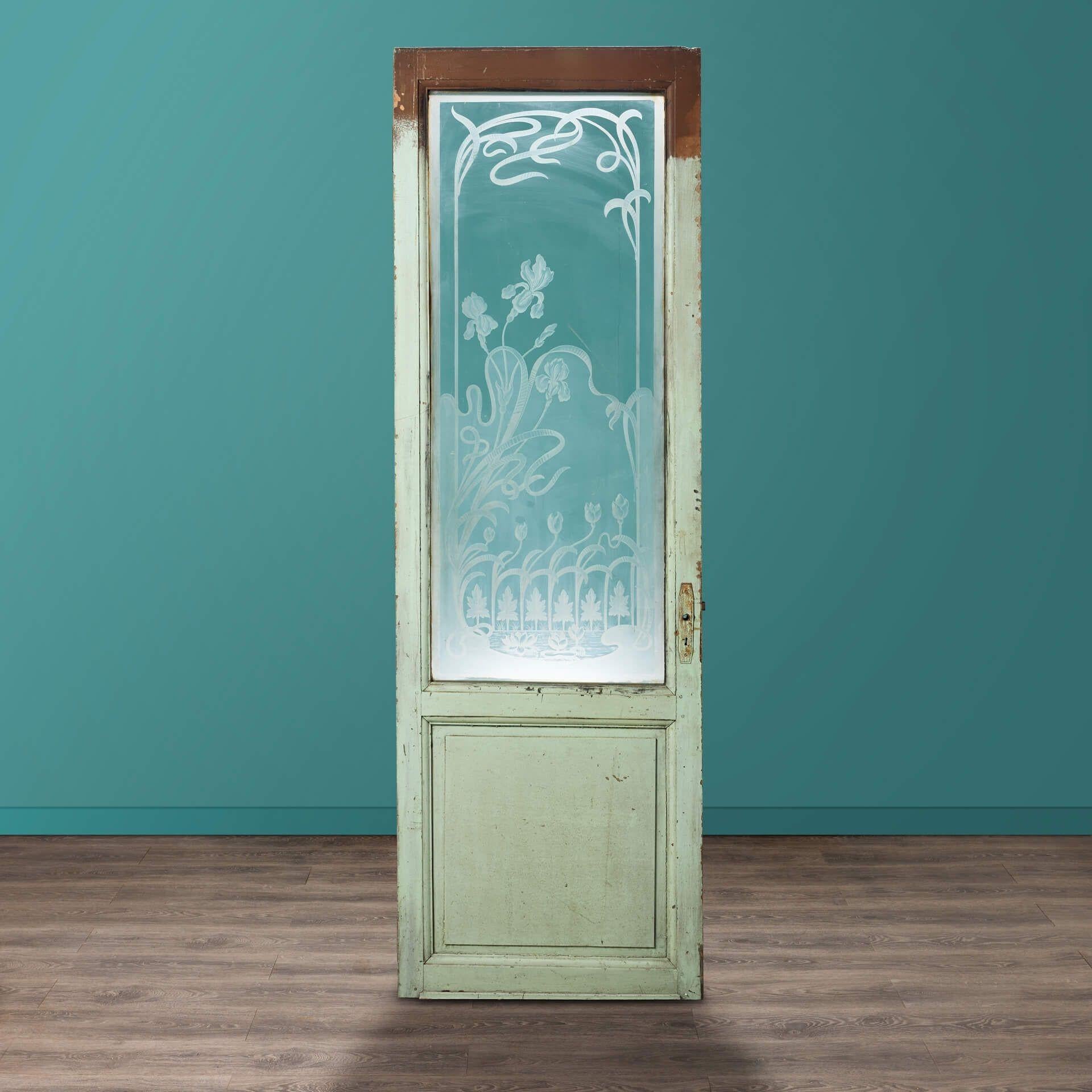 Victorian Antique French Acid Etched Painted Pine Door For Sale