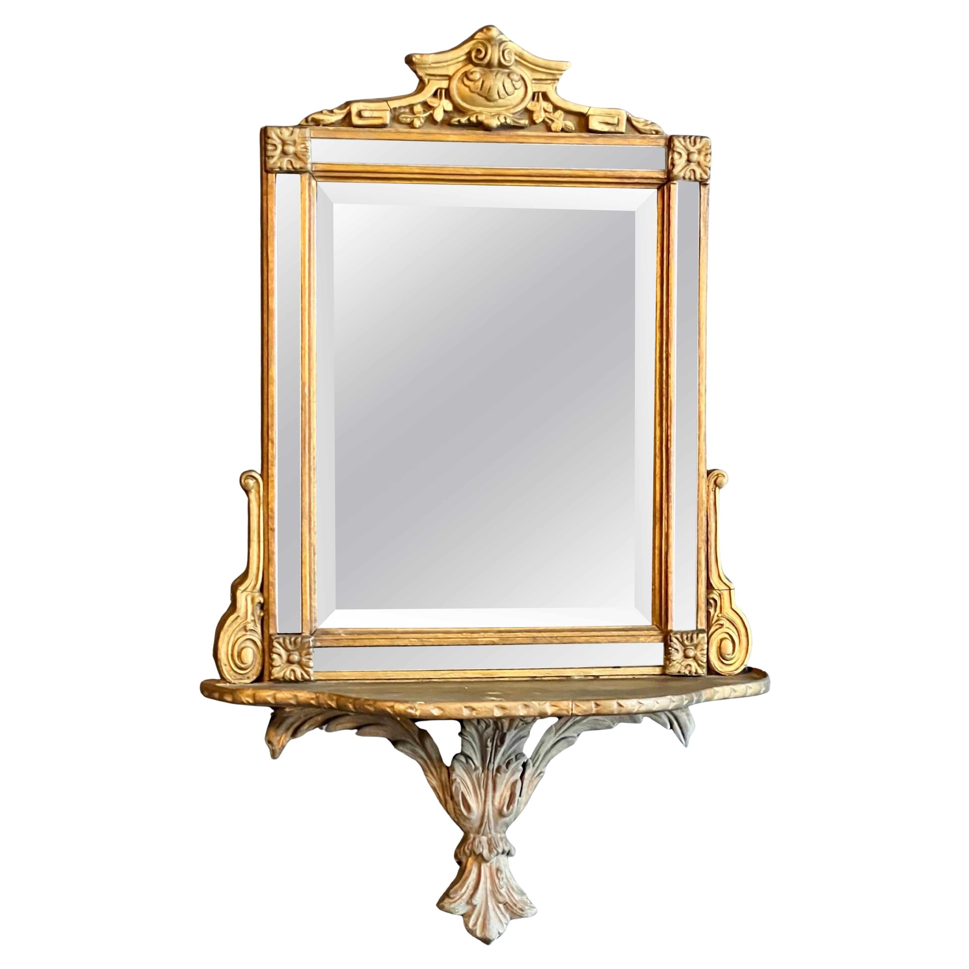 Antique French Adam Style Carved Giltwood Beveled Mirror with Shelf For Sale