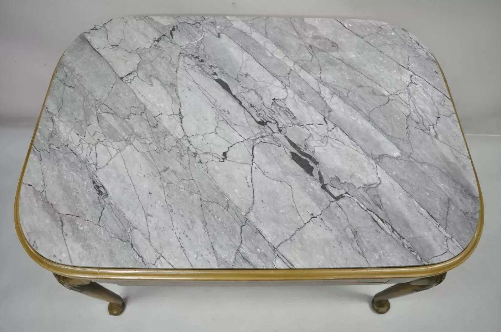 Antique French Adams Style Hand Painted Queen Anne One Drawer Center Table. Item features hand painted leafy scrollwork on all sides, gray inset marble top, finished back, 1 dovetailed drawer, shapley Queen Anne legs, very nice antique item, great