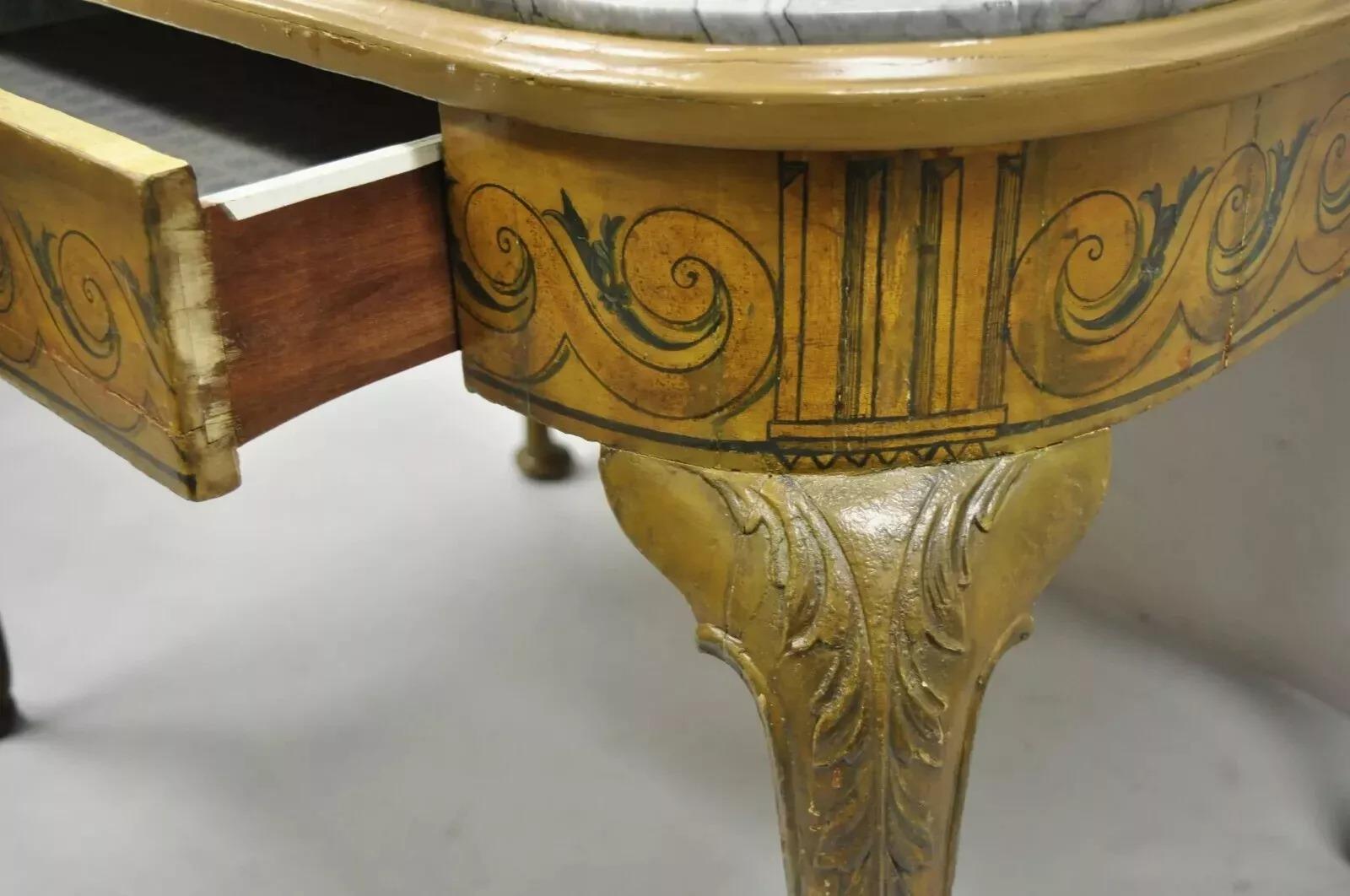 Marble Antique French Adams Style Hand Painted Queen Anne One Drawer Center Table For Sale