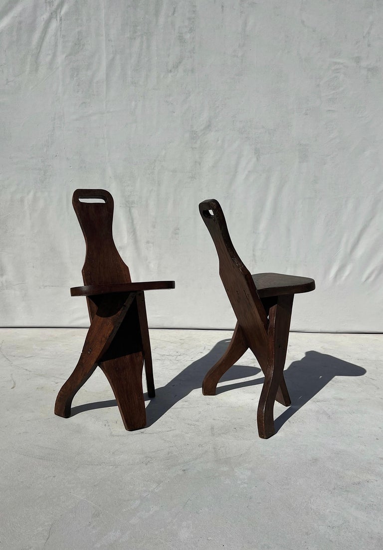 Antique French African Rustic Primitive Escabelle Chairs/Stools, a Pair