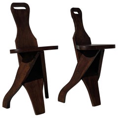 Antique French African Rustic Primitive Escabelle Chairs/Stools, a Pair