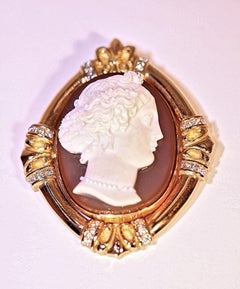 Antique French Agate Cameo Contemporary Diamond Mounting Brooch Necklace Pendant