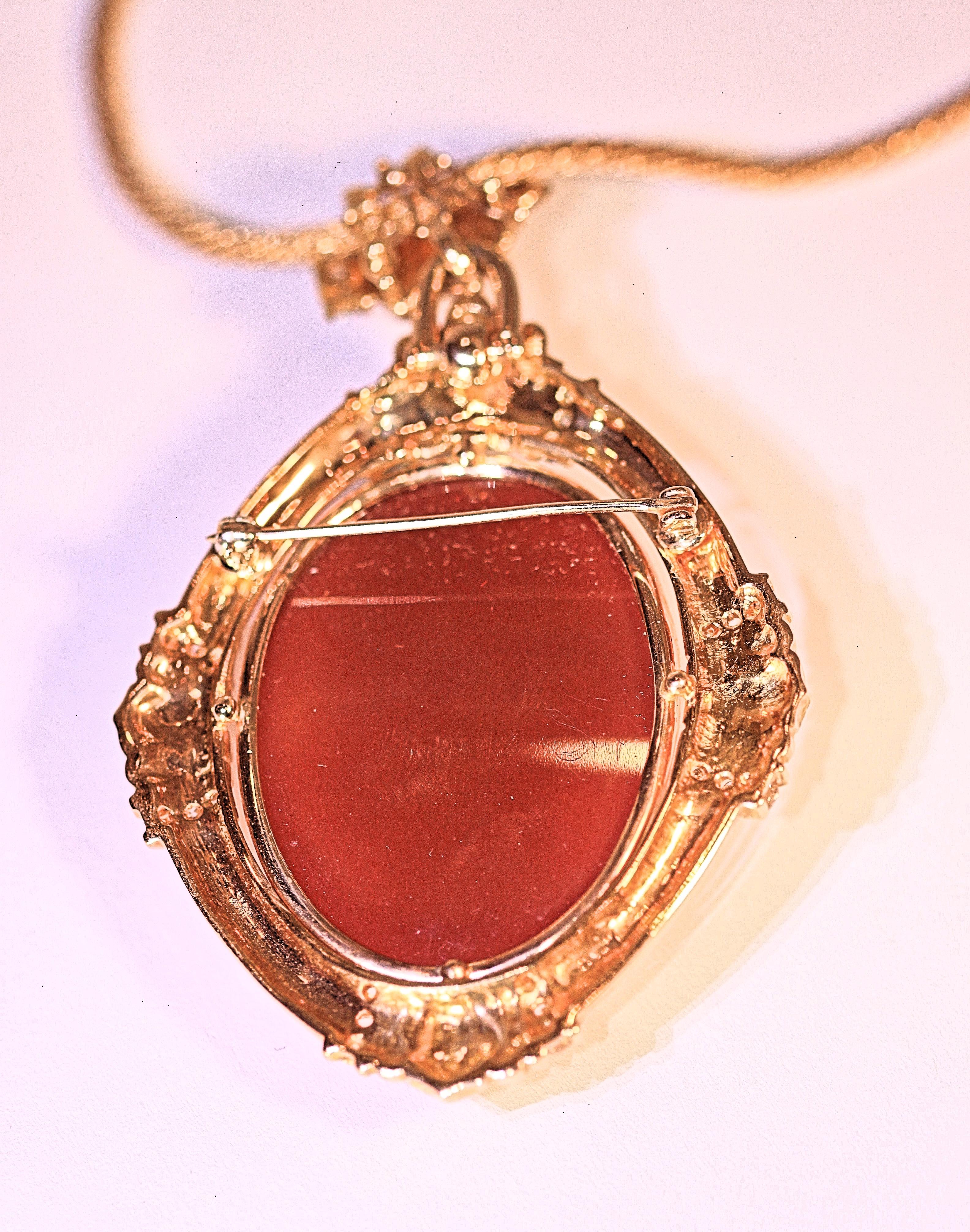 Antique French Agate Cameo Contemporary Diamond Mounting Brooch Necklace Pendant For Sale 3