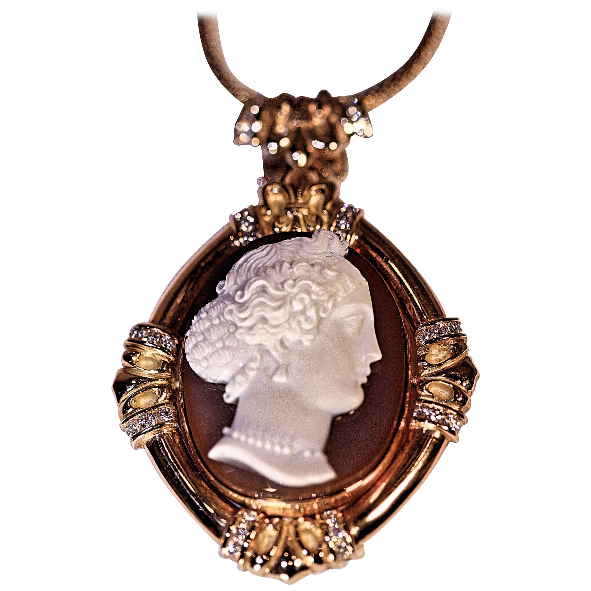 Antique French Agate Cameo Contemporary Diamond Mounting Brooch Necklace Pendant For Sale