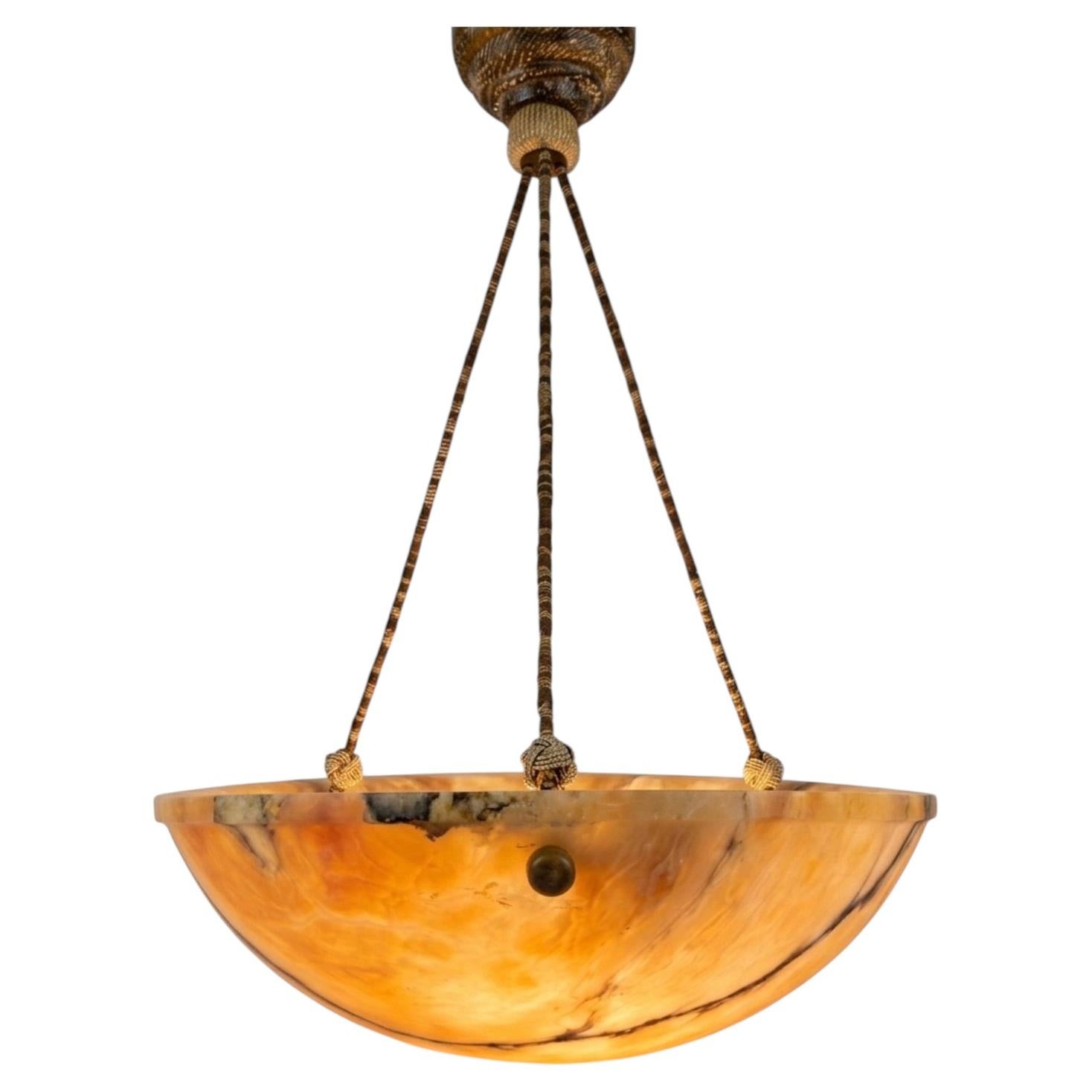 Antique French Alabaster Art Deco Pendant Light with Silk Hanging Cord For Sale