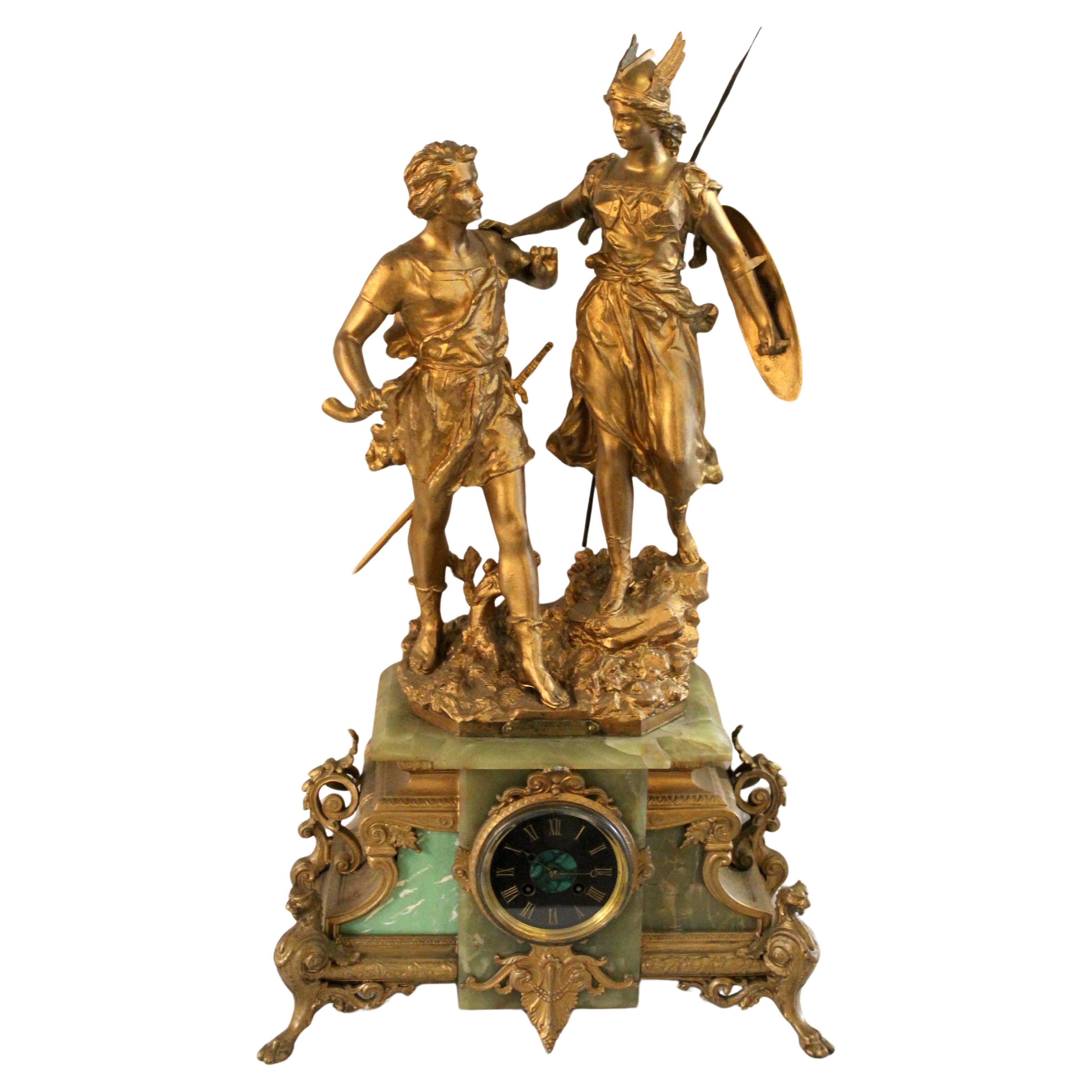 Antique French Alabaster Clock "La Walkyrie" by Ernest Rancoulet (1875-1915) For Sale