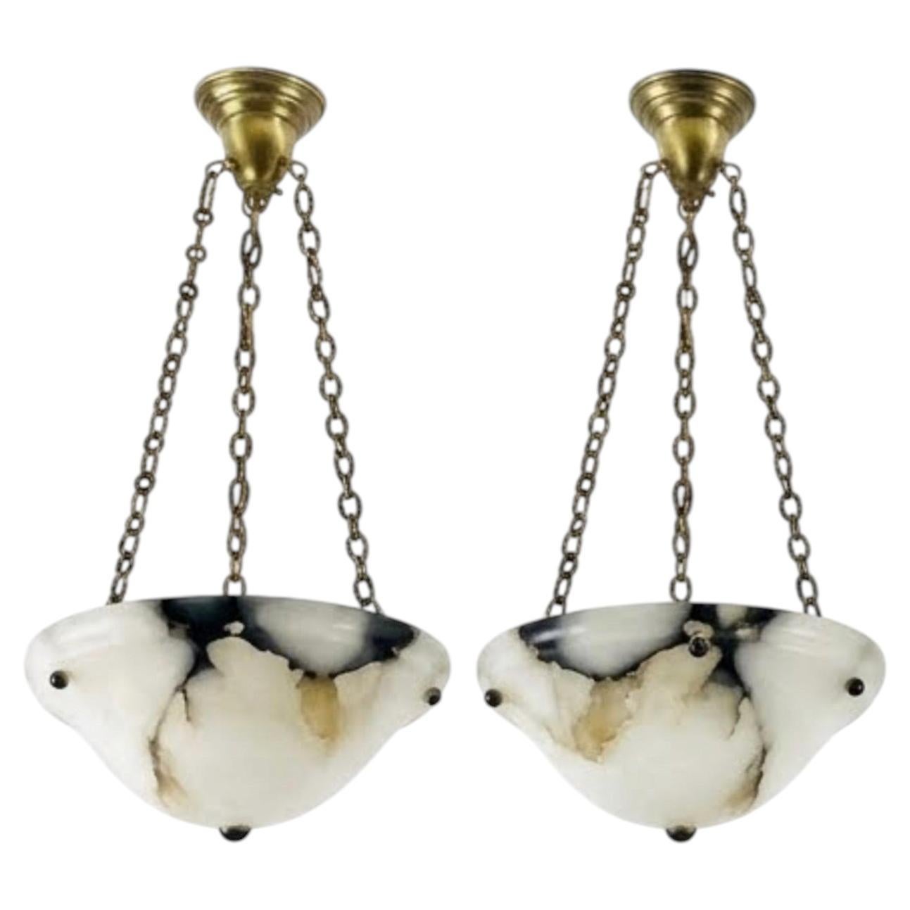 Antique French Alabaster Pendant Light~ a Pair