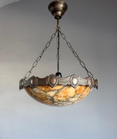 Antique French Alabaster Pendant Light w. Ornate Brass Mount, Early 20th Century