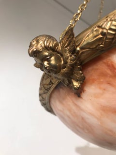 French Alabaster Pendant with Gilt Bronze Cherubs and Frame on Brass Chains