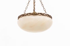 Antique French Alabaster Plafonnier Brass Ceiling Light Pendant, C.1920
