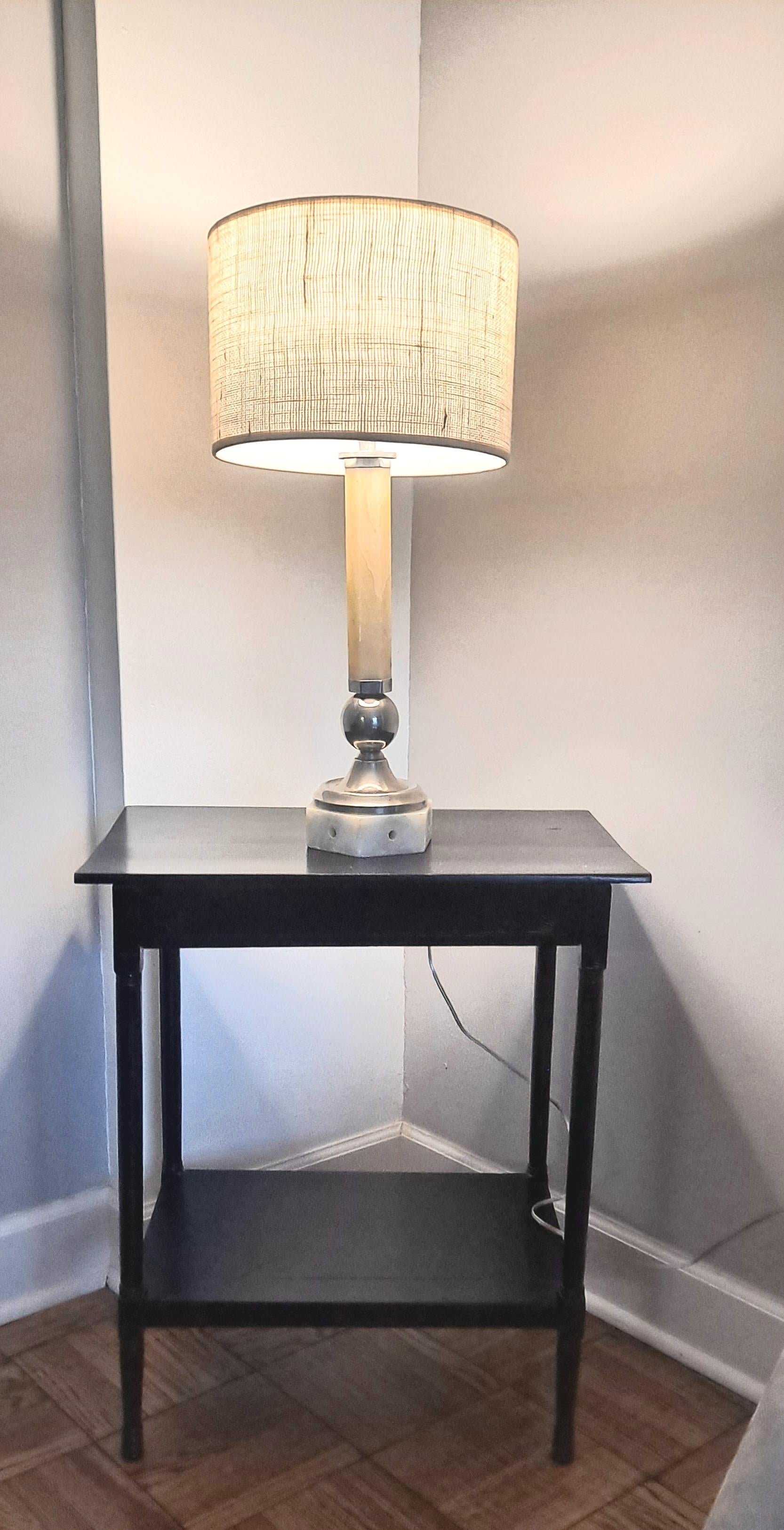 Nickel Art Deco French Alabaster Table Lamp For Sale