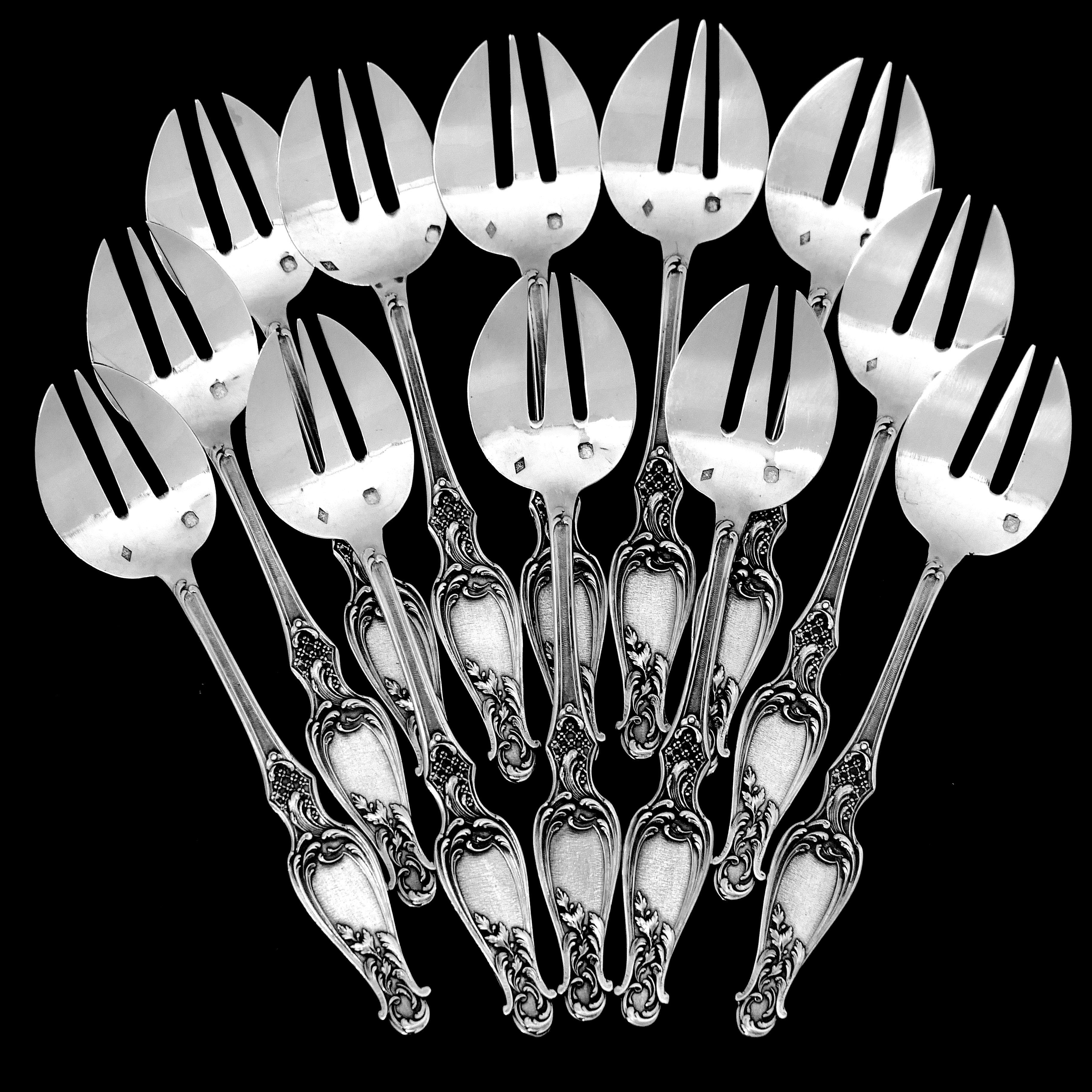 Antique French All Sterling Silver Oyster Forks Set 12 Pc, Art Nouveau 6