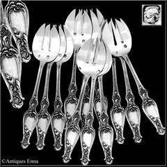 Antique French All Sterling Silver Oyster Forks Set 12 Pc, Art Nouveau