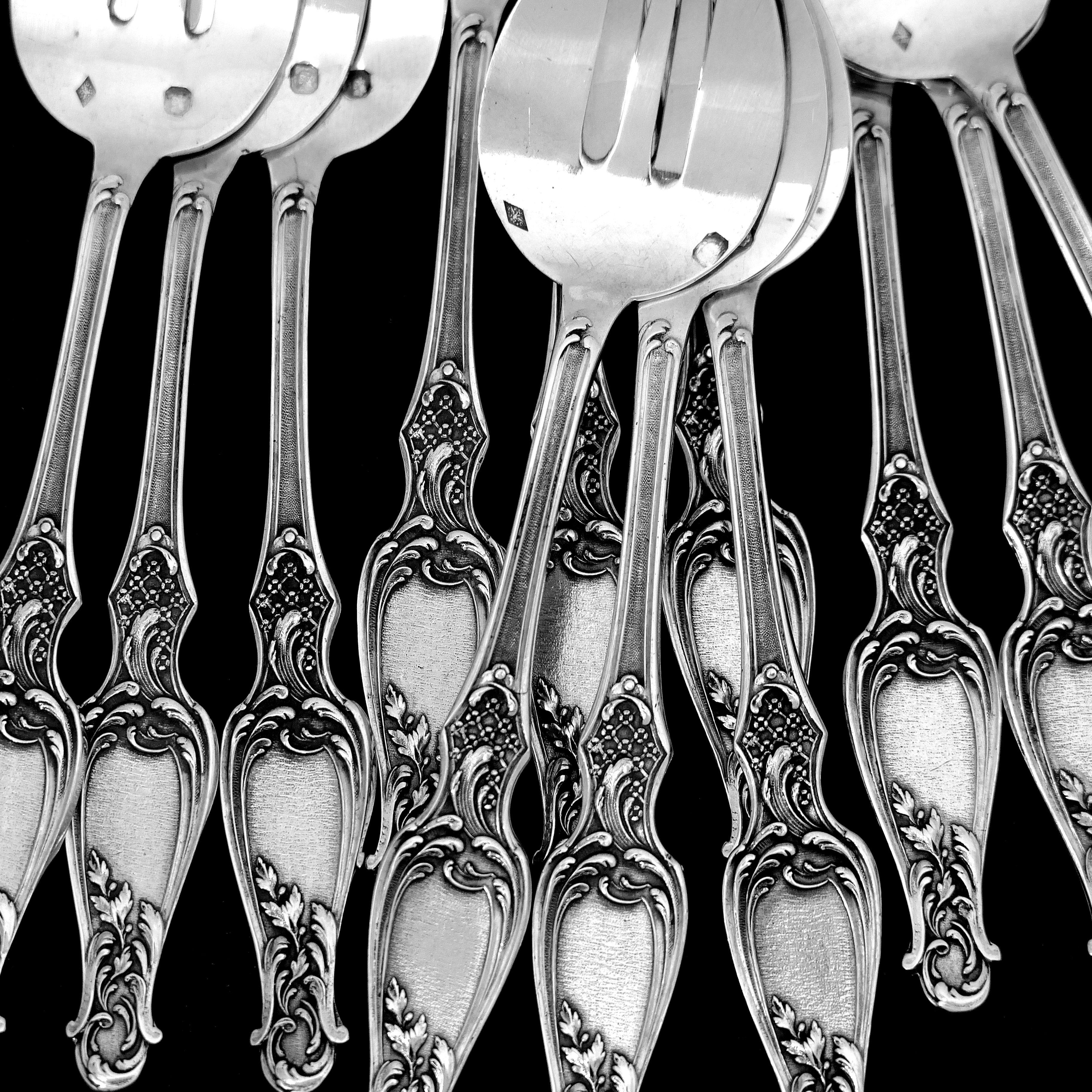 Early 20th Century Antique French All Sterling Silver Oyster Forks Set 12 Pc, Art Nouveau