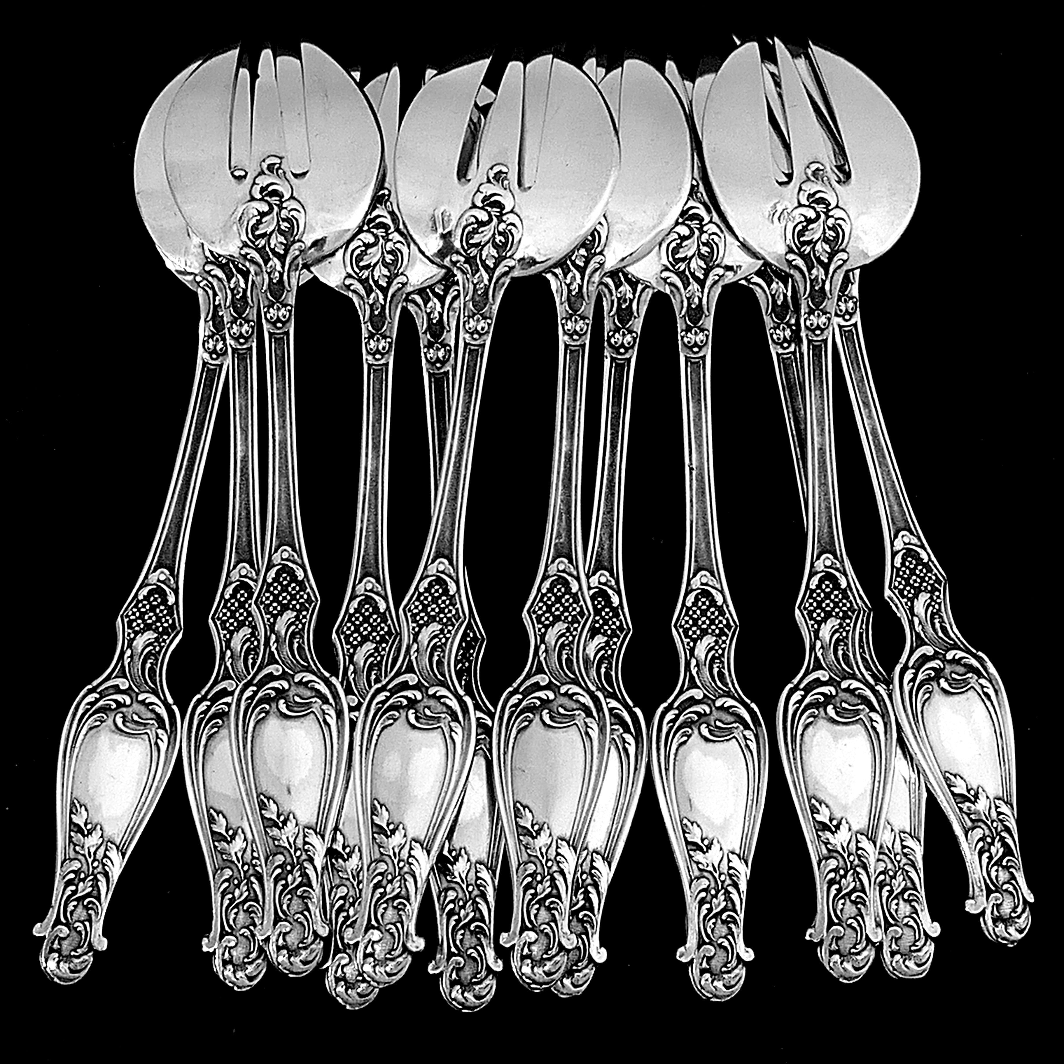 Antique French All Sterling Silver Oyster Forks Set 12 Pc, Art Nouveau 1