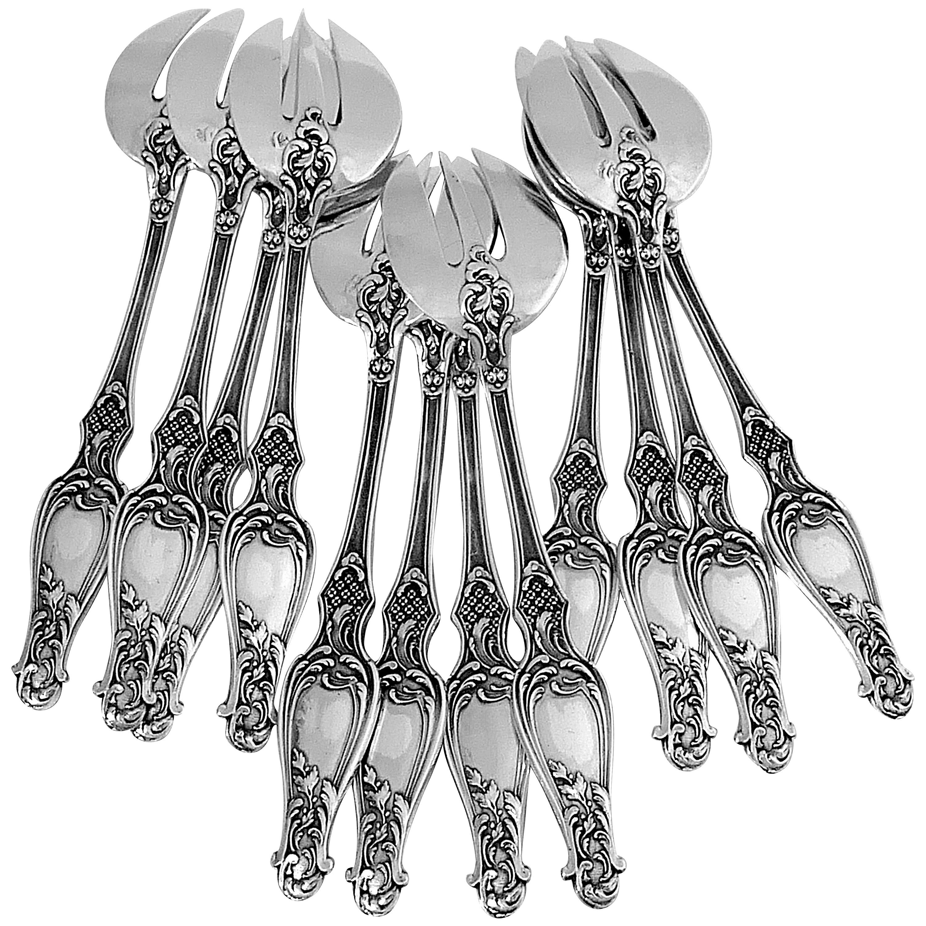 Antique French All Sterling Silver Oyster Forks Set 12 Pc, Art Nouveau