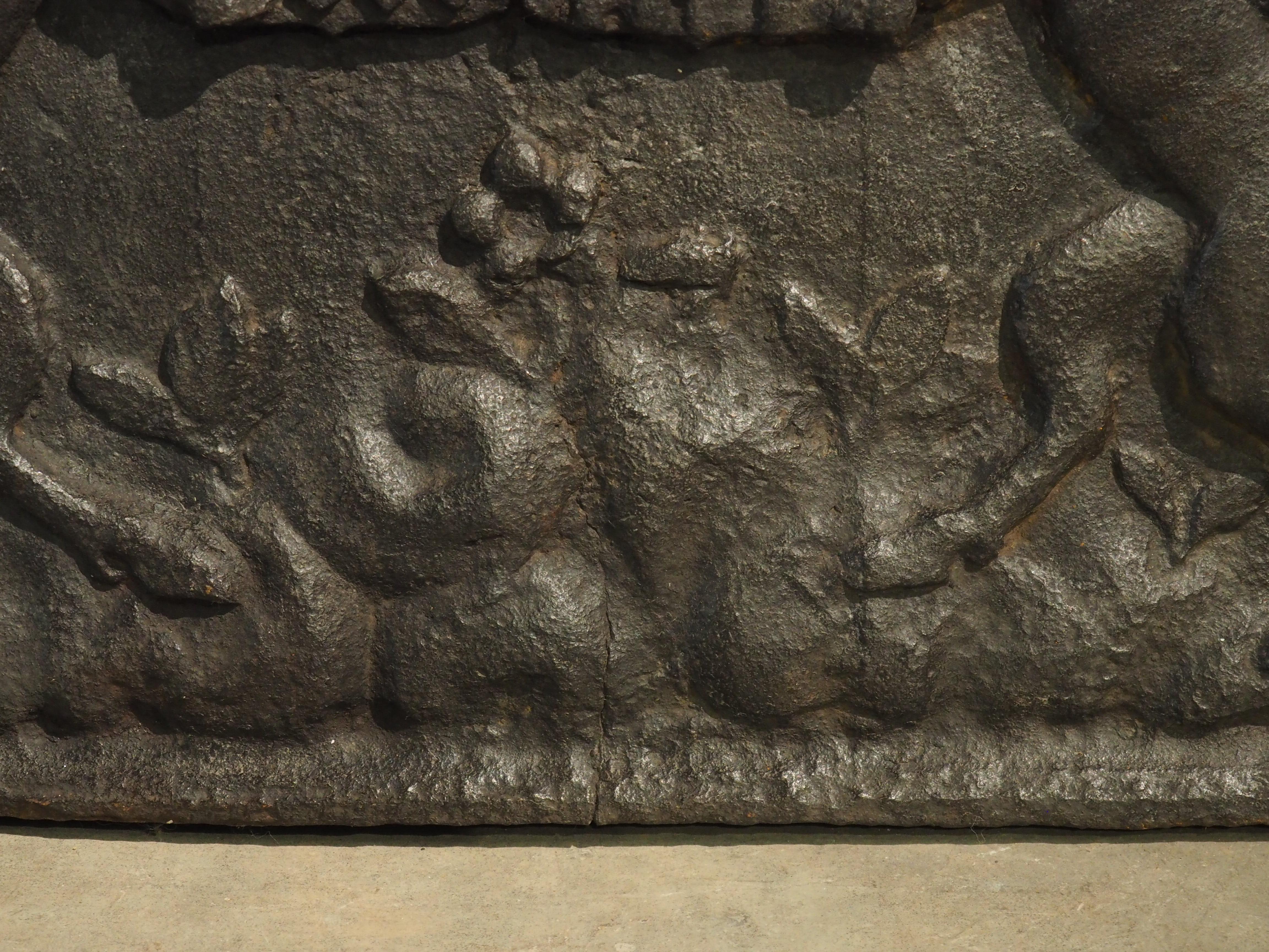 In earlier centuries, firebacks were placed in the back of fireboxes, offering protection to the back wall of the chimney and redirecting heat back into the room. Often times, these cast iron firebacks belonged to very important people, such as this