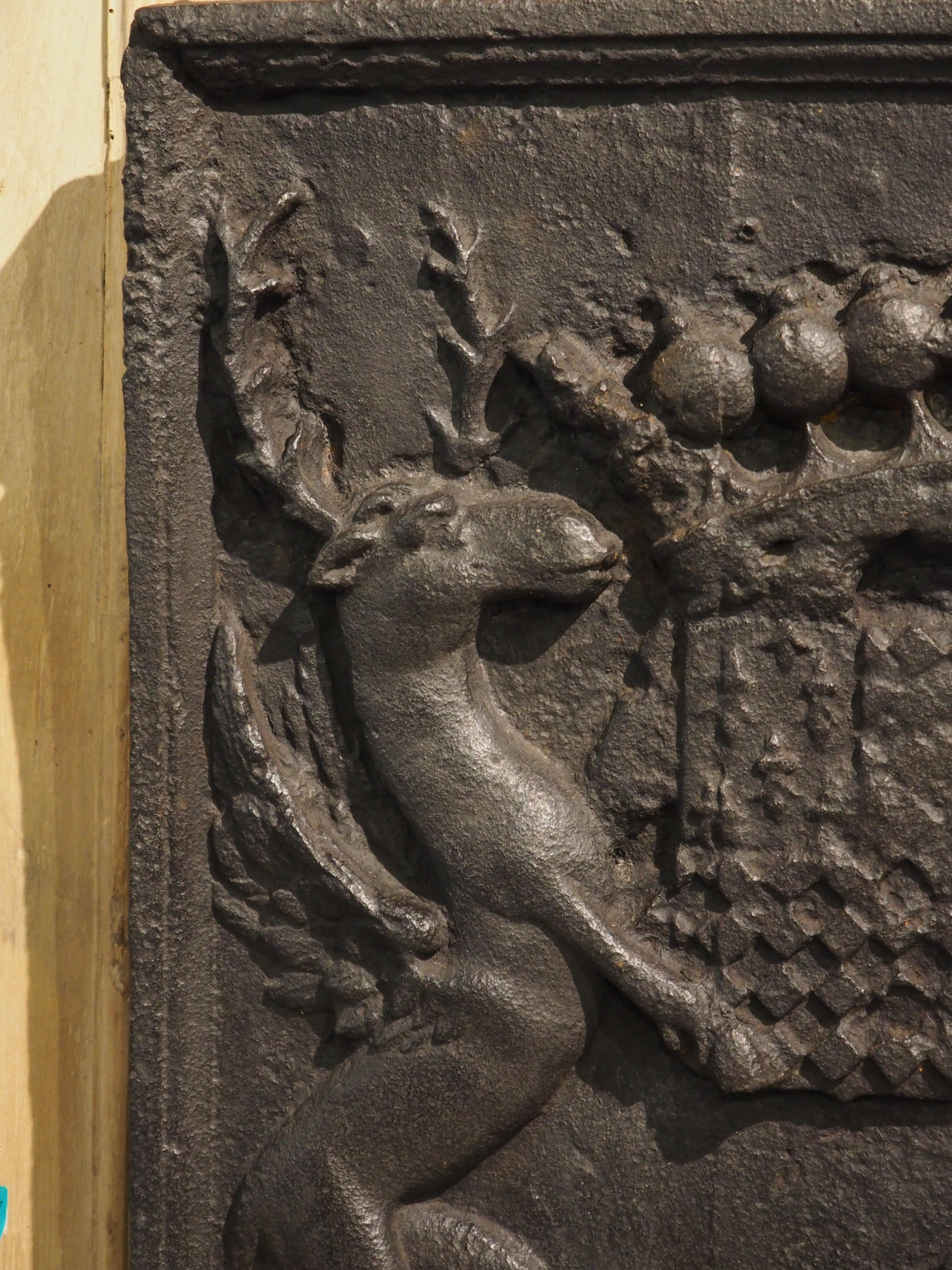 17th Century Antique French Alliance Coat of Arms Fireback with Rampant Stags, Circa 1690 For Sale