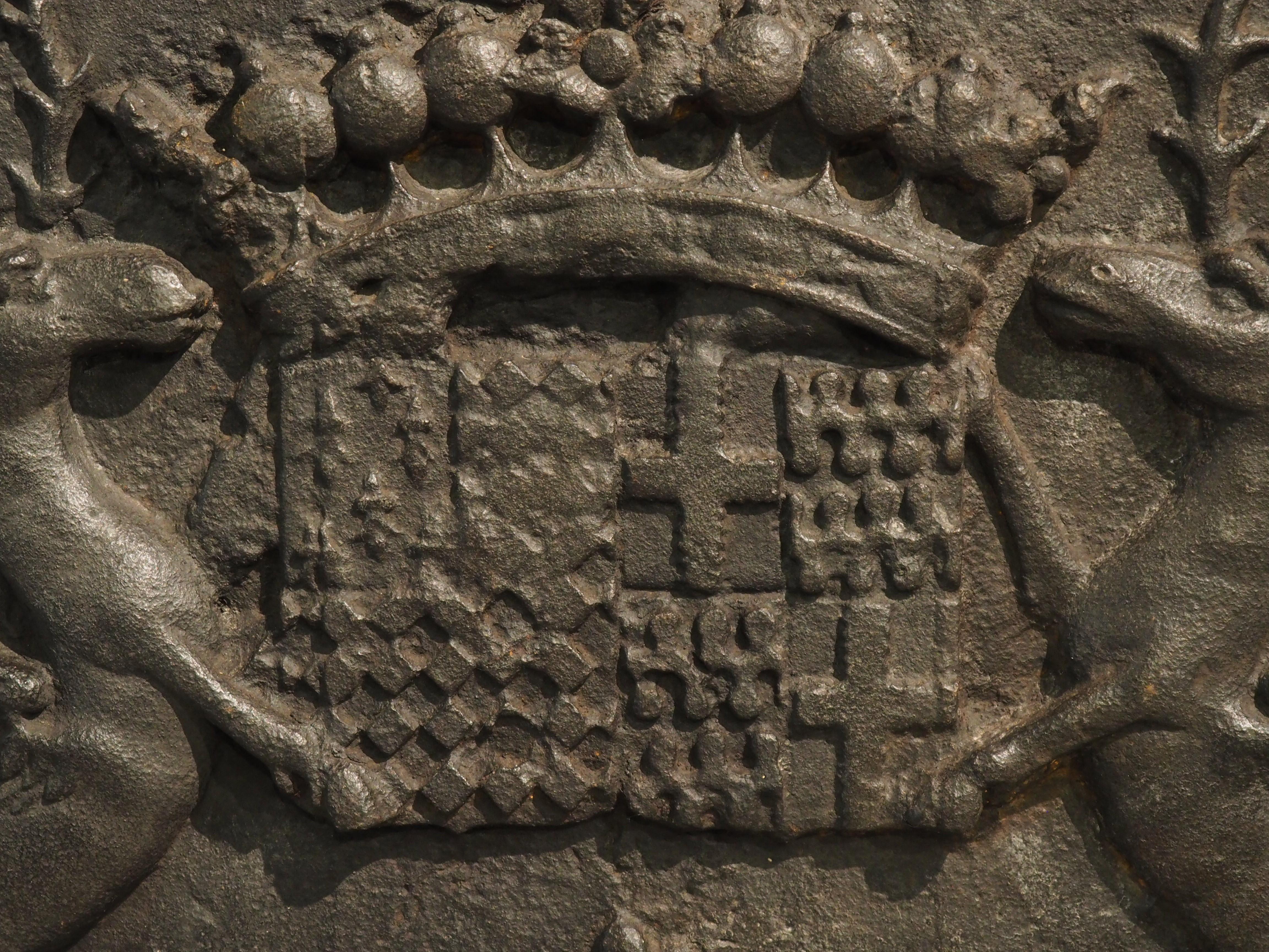 Metal Antique French Alliance Coat of Arms Fireback with Rampant Stags, Circa 1690 For Sale