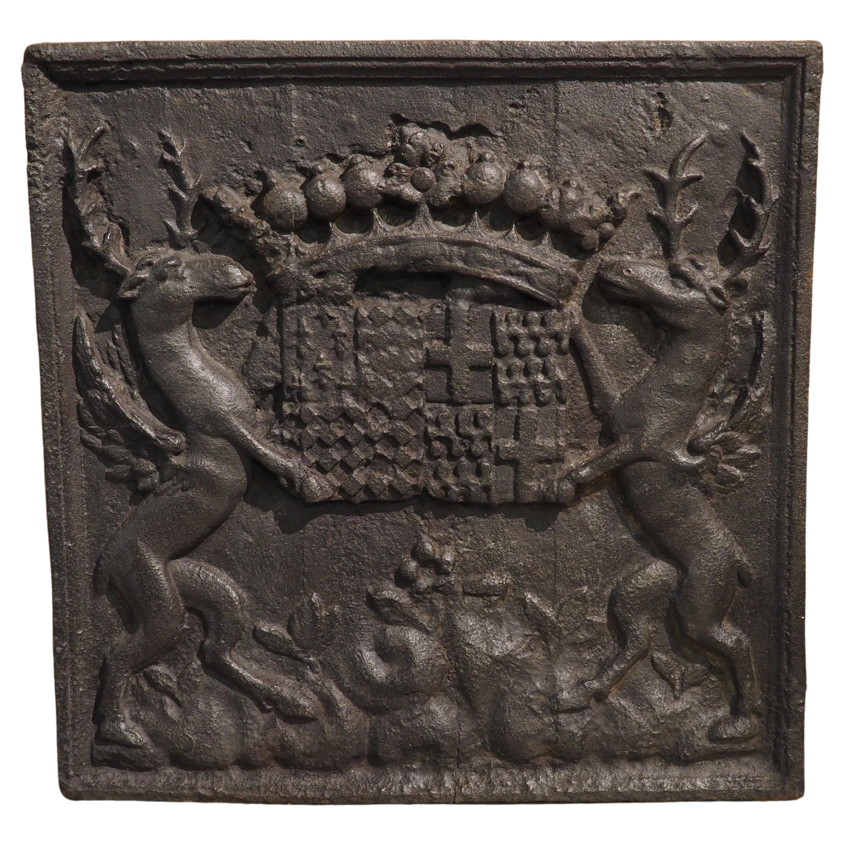 Antique French Alliance Coat of Arms Fireback with Rampant Stags, Circa 1690 For Sale