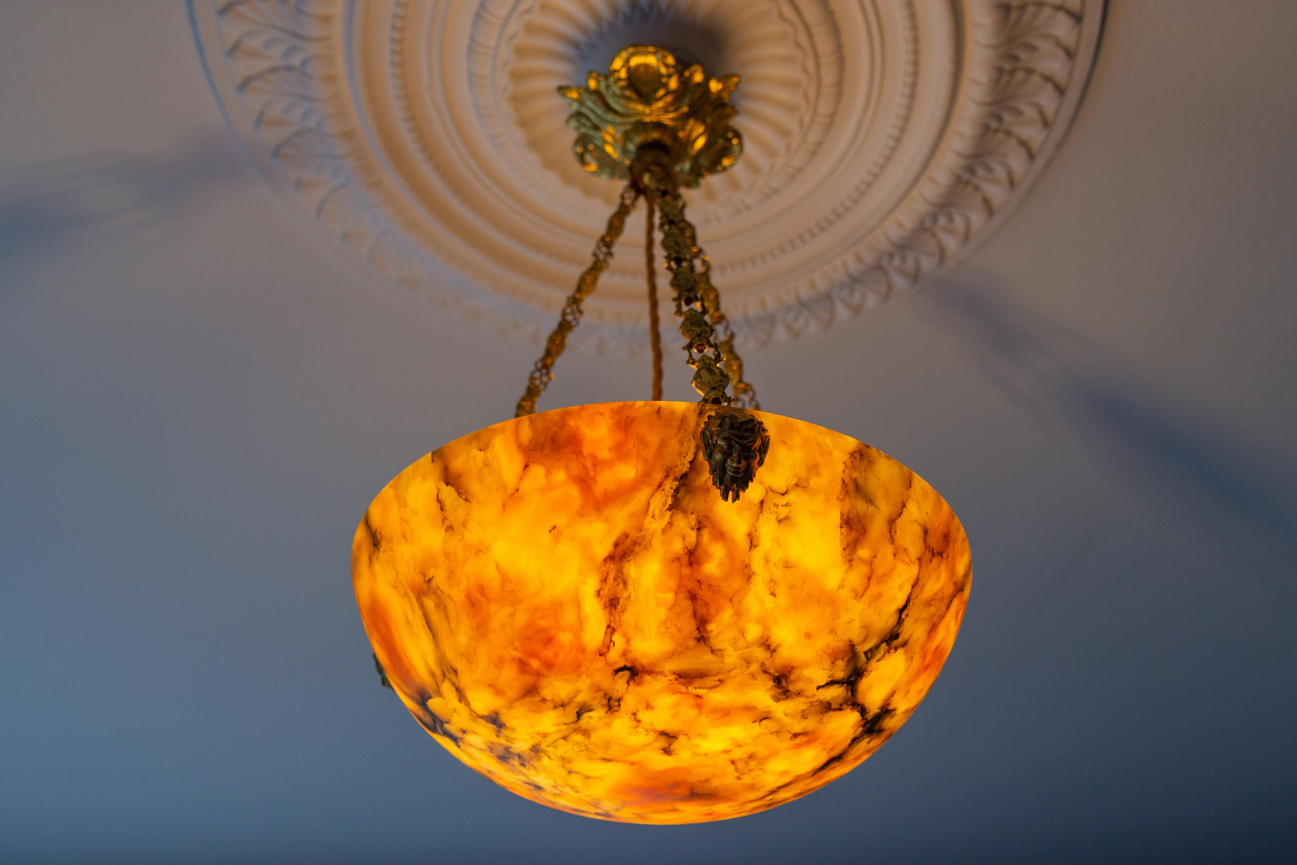 Antique French Amber Color Alabaster and Brass Pendant Light, circa 1920 For Sale 8