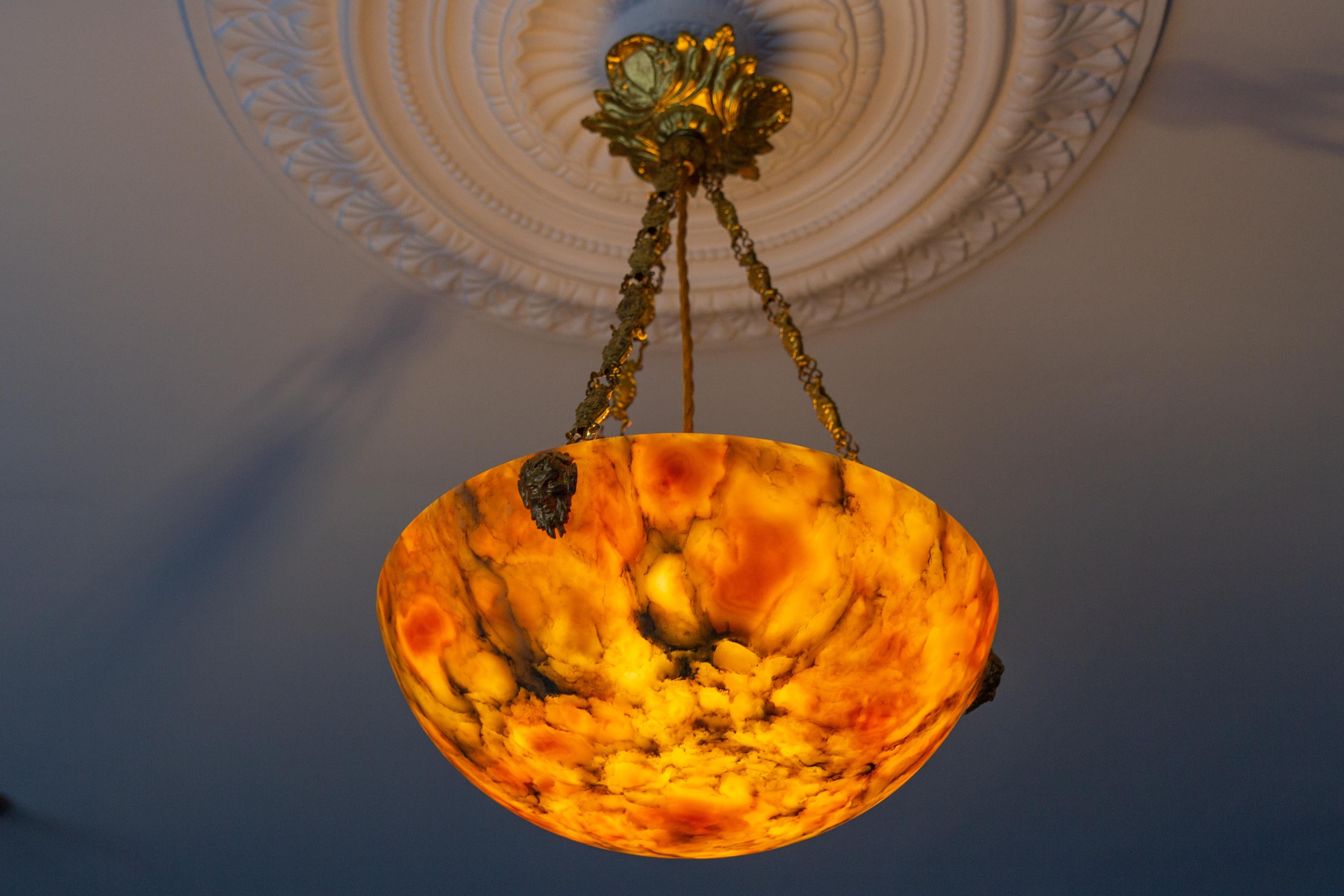 Antique French Amber Color Alabaster and Brass Pendant Light, circa 1920 For Sale 10