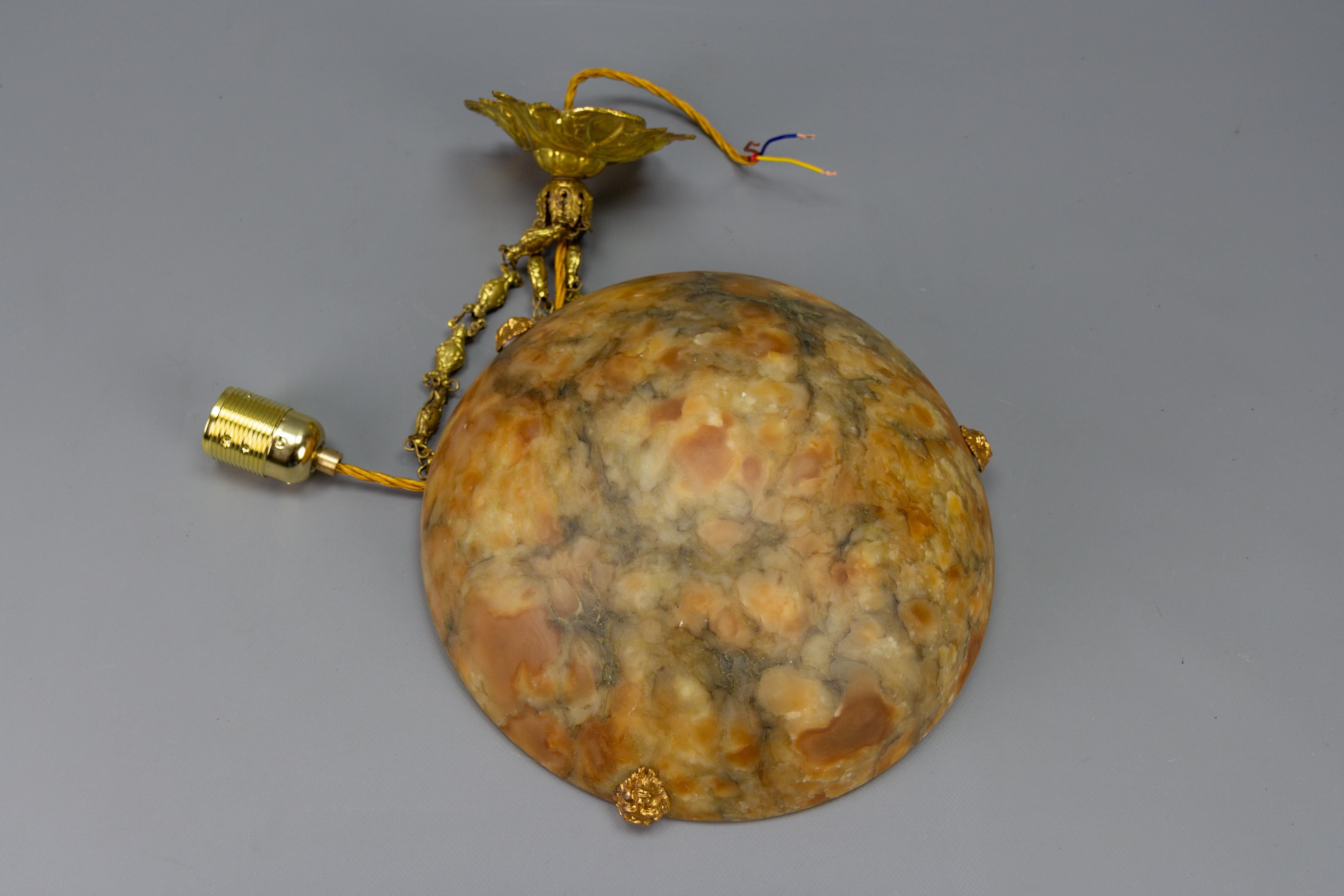 Antique French Amber Color Alabaster and Brass Pendant Light, circa 1920 For Sale 12