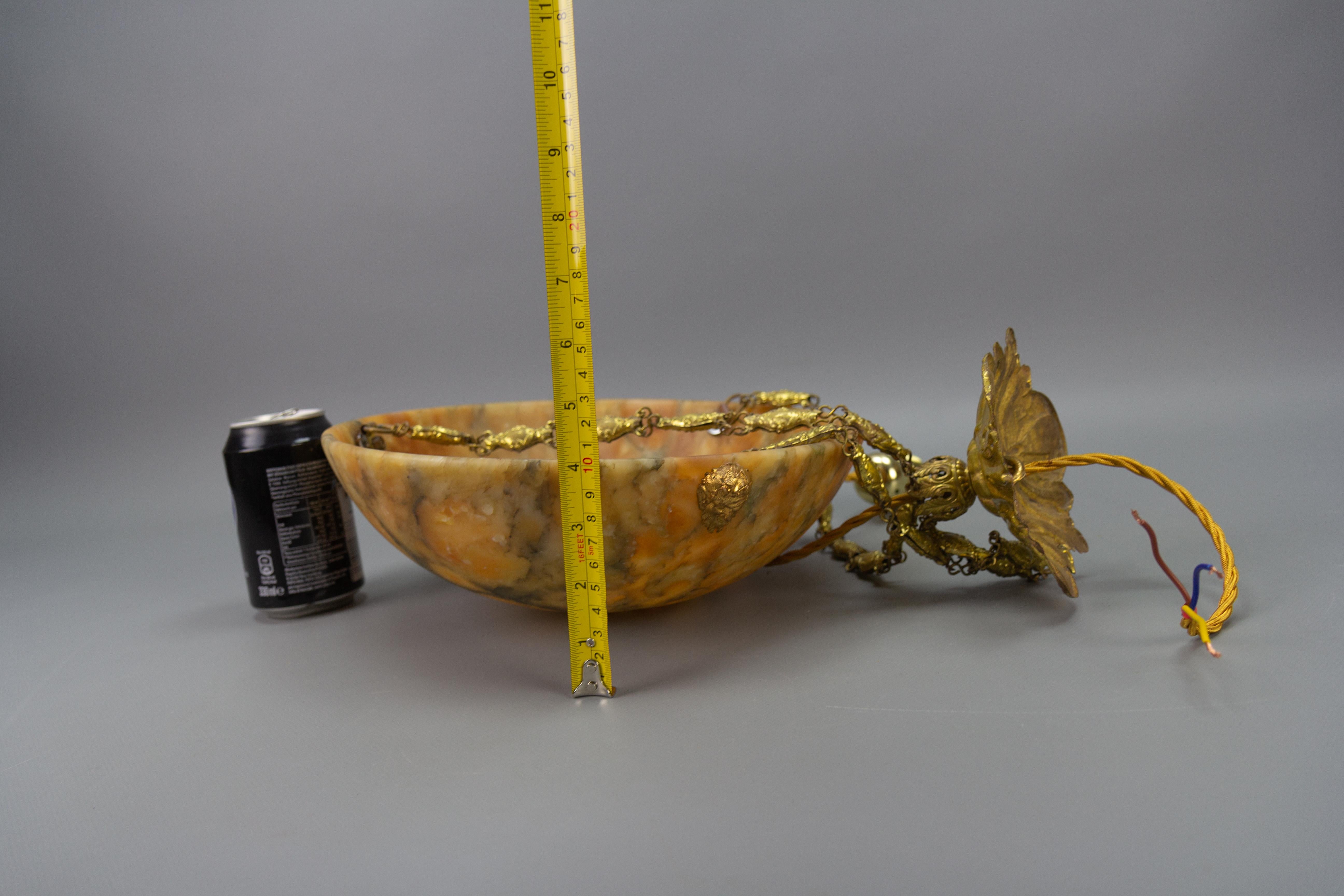 Antique French Amber Color Alabaster and Brass Pendant Light, circa 1920 For Sale 13