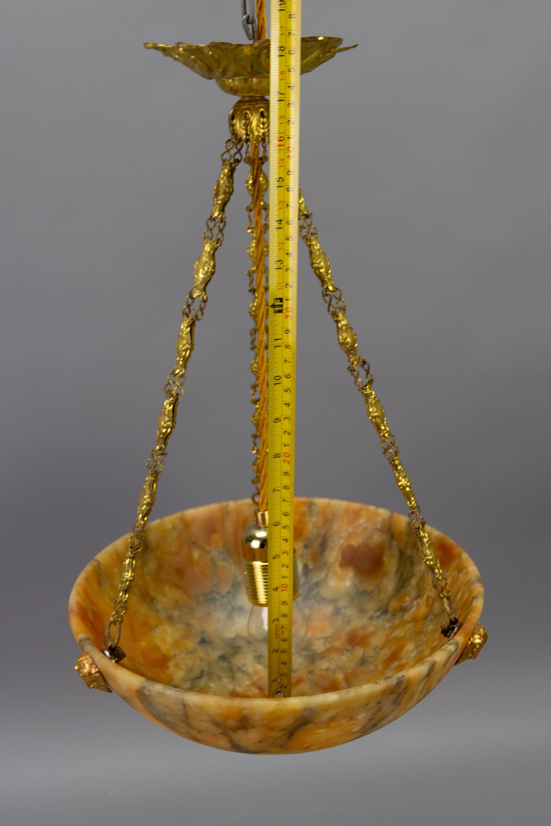 Antique French Amber Color Alabaster and Brass Pendant Light, circa 1920 For Sale 14
