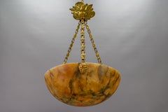 Antique French Amber Color Alabaster and Brass Pendant Light, circa 1920