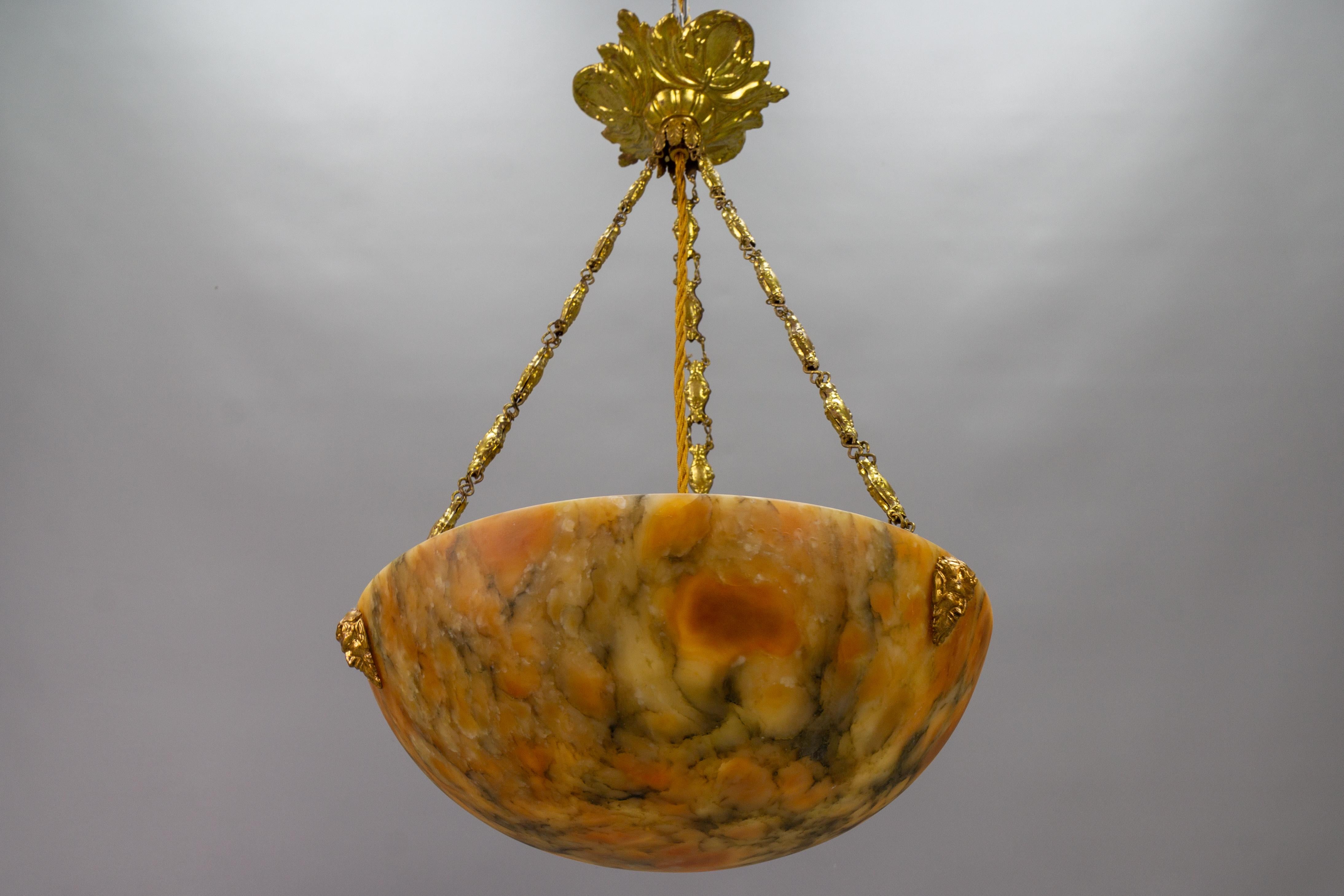 Antique French Amber Color Alabaster and Brass Pendant Light, circa 1920 For Sale 15