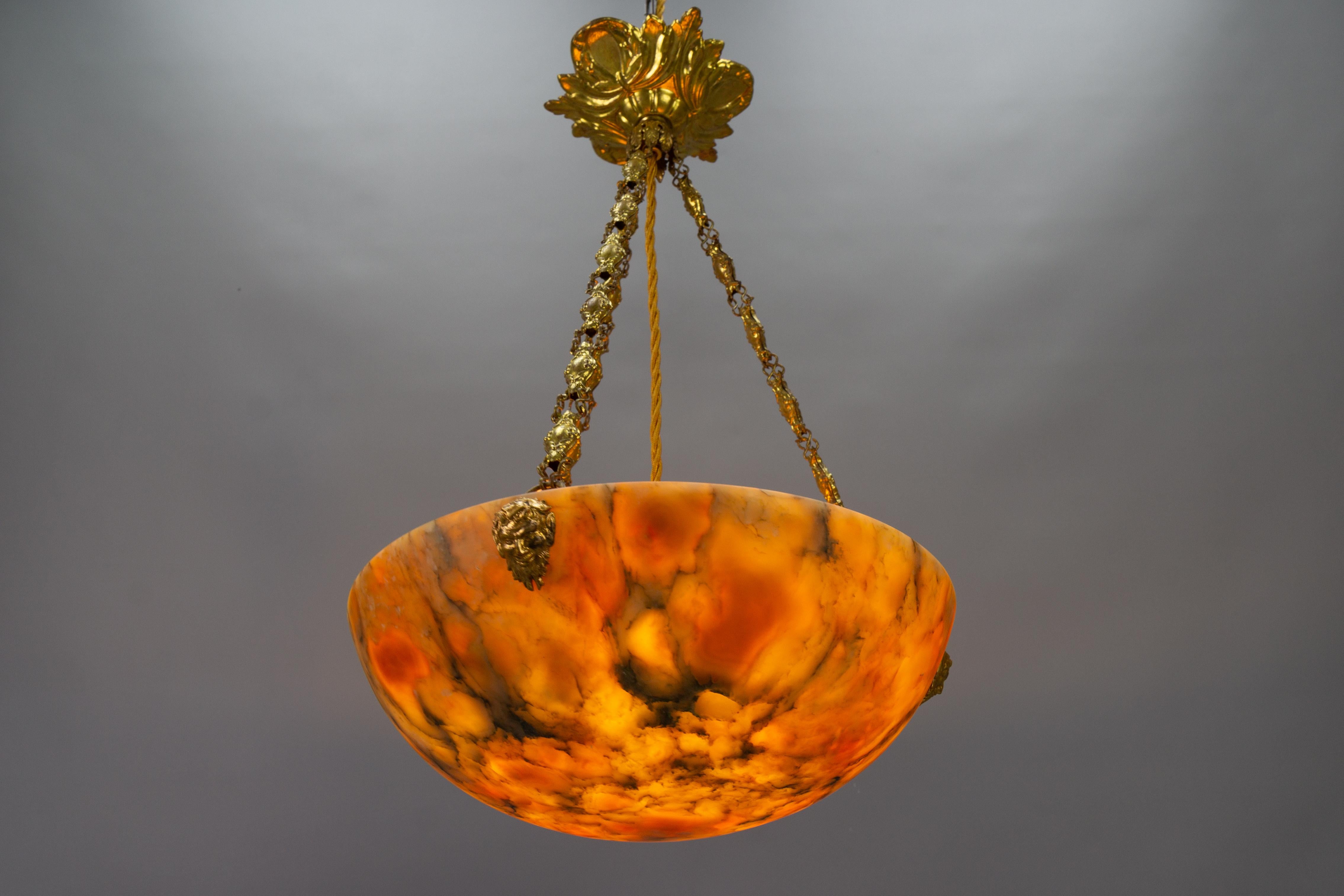 Antique French Amber Color Alabaster and Brass Pendant Light, circa 1920 For Sale 1