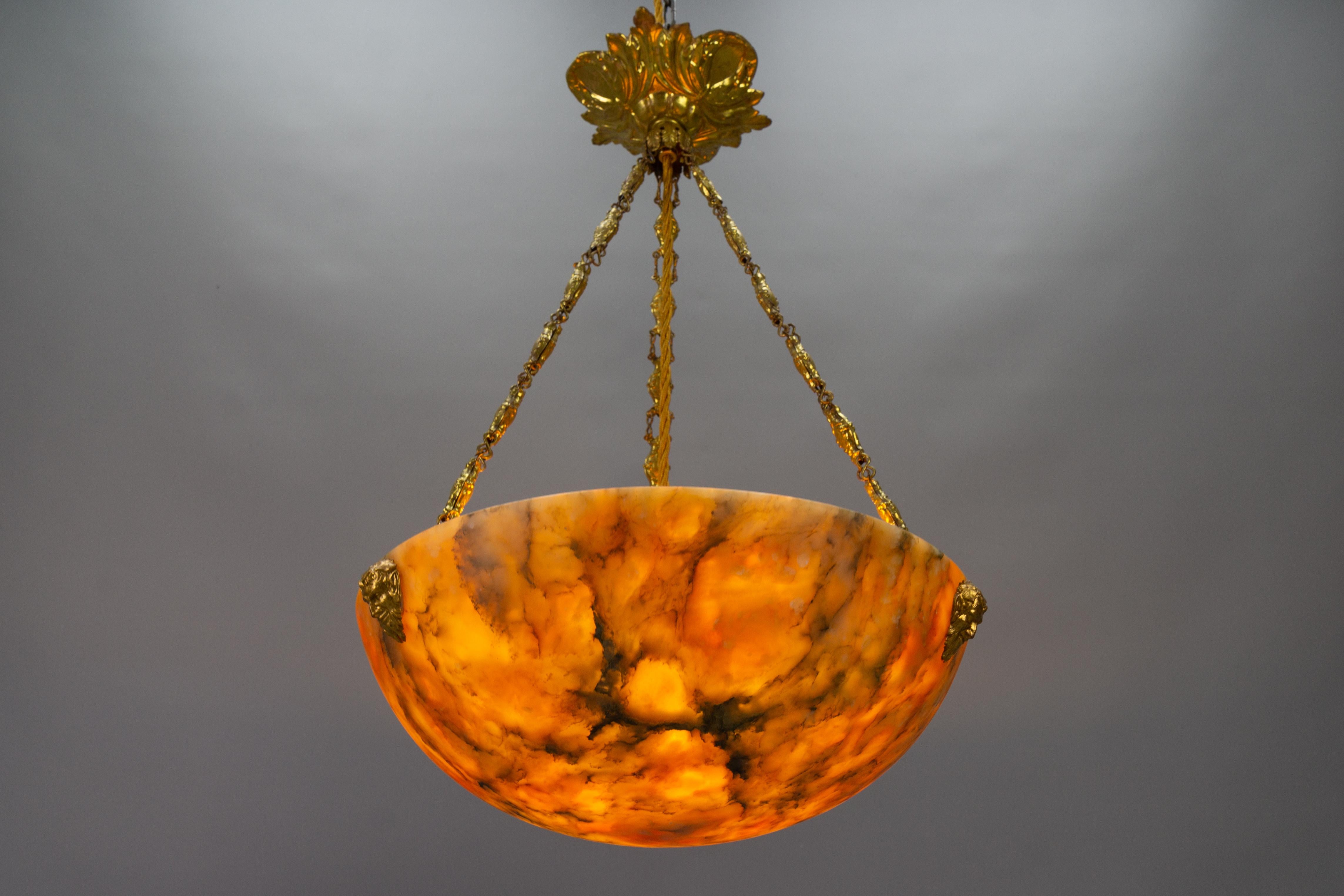 Antique French Amber Color Alabaster and Brass Pendant Light, circa 1920 For Sale 2