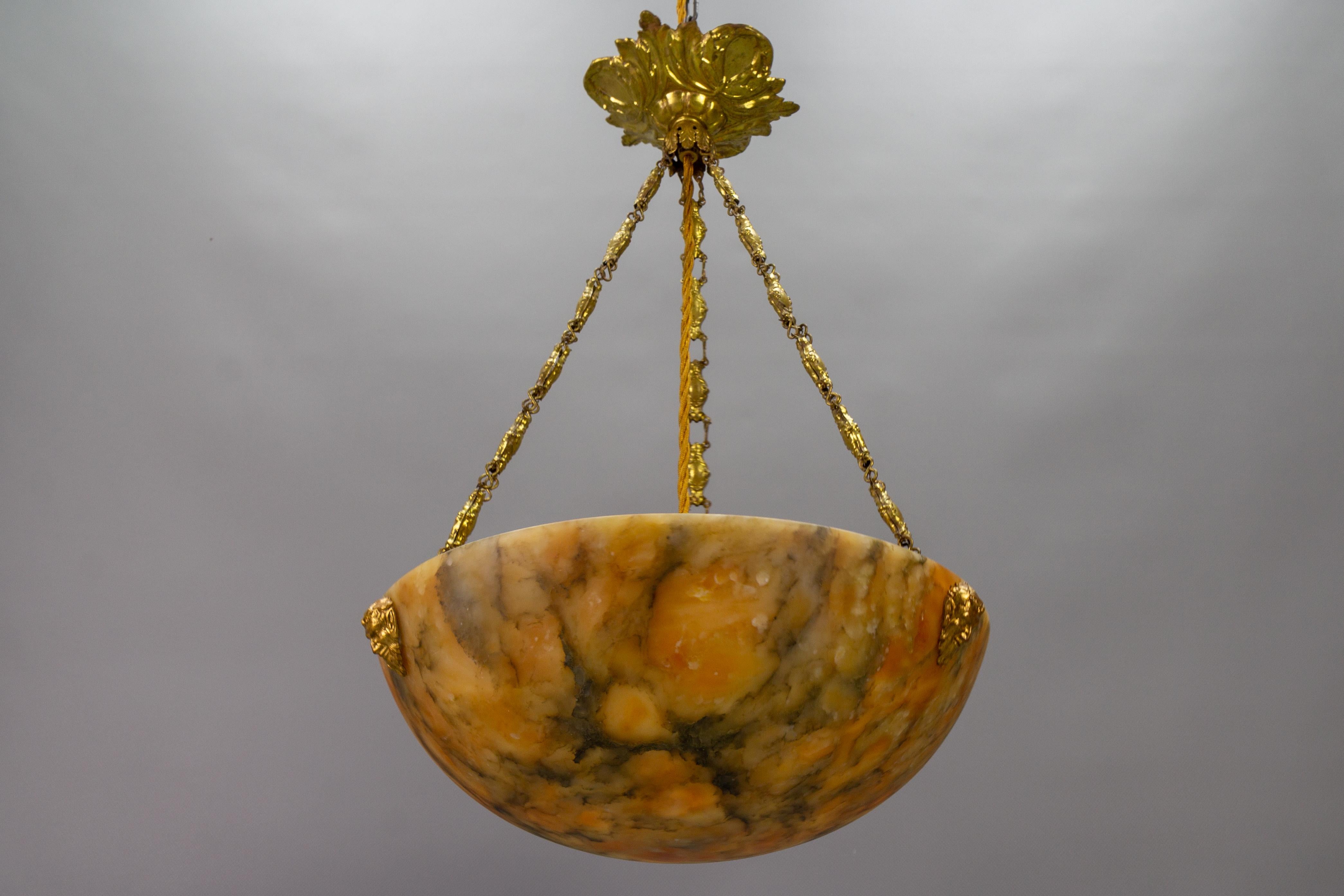 Antique French Amber Color Alabaster and Brass Pendant Light, circa 1920 For Sale 3