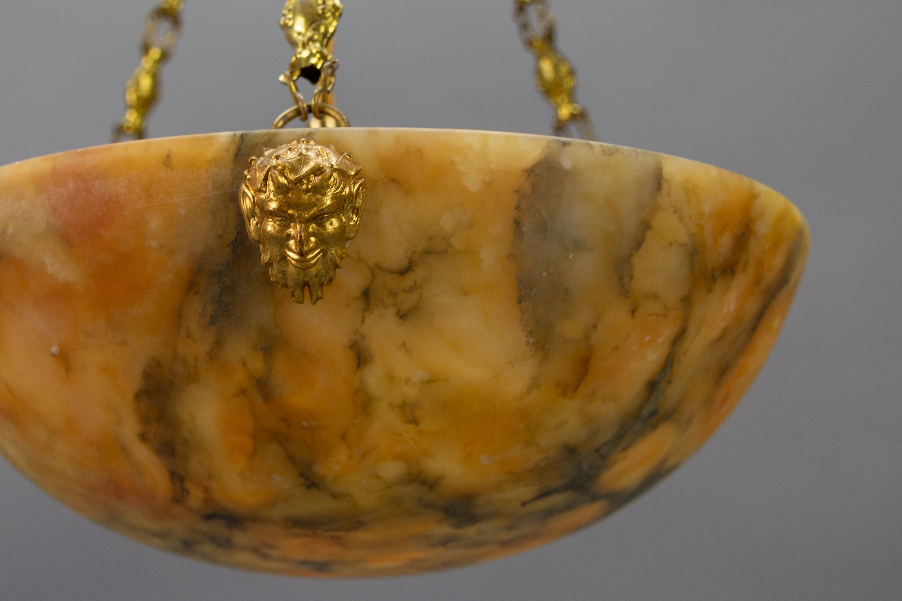 Antique French Amber Color Alabaster and Brass Pendant Light, circa 1920 For Sale 4