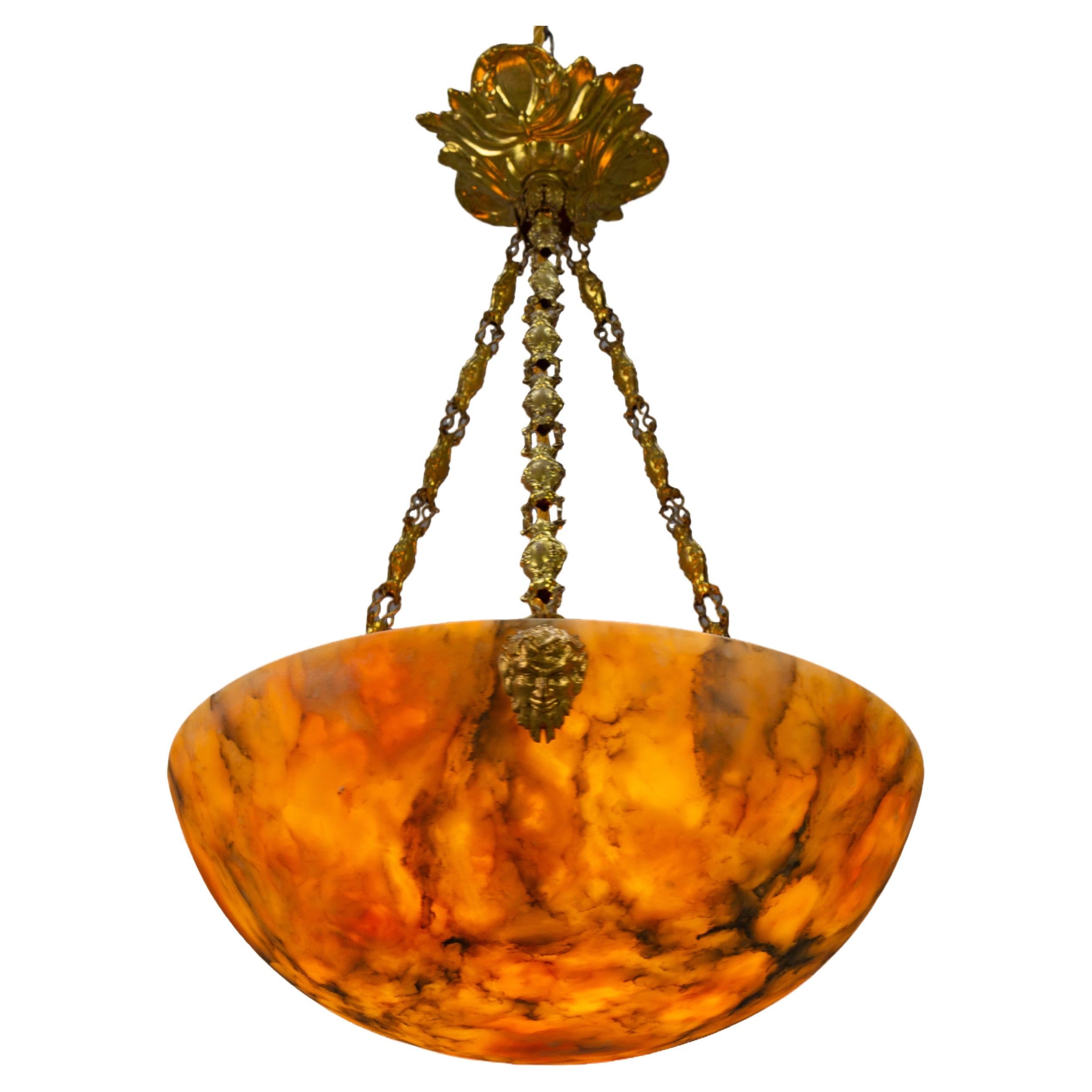 Antique French Amber Color Alabaster and Brass Pendant Light, circa 1920 For Sale