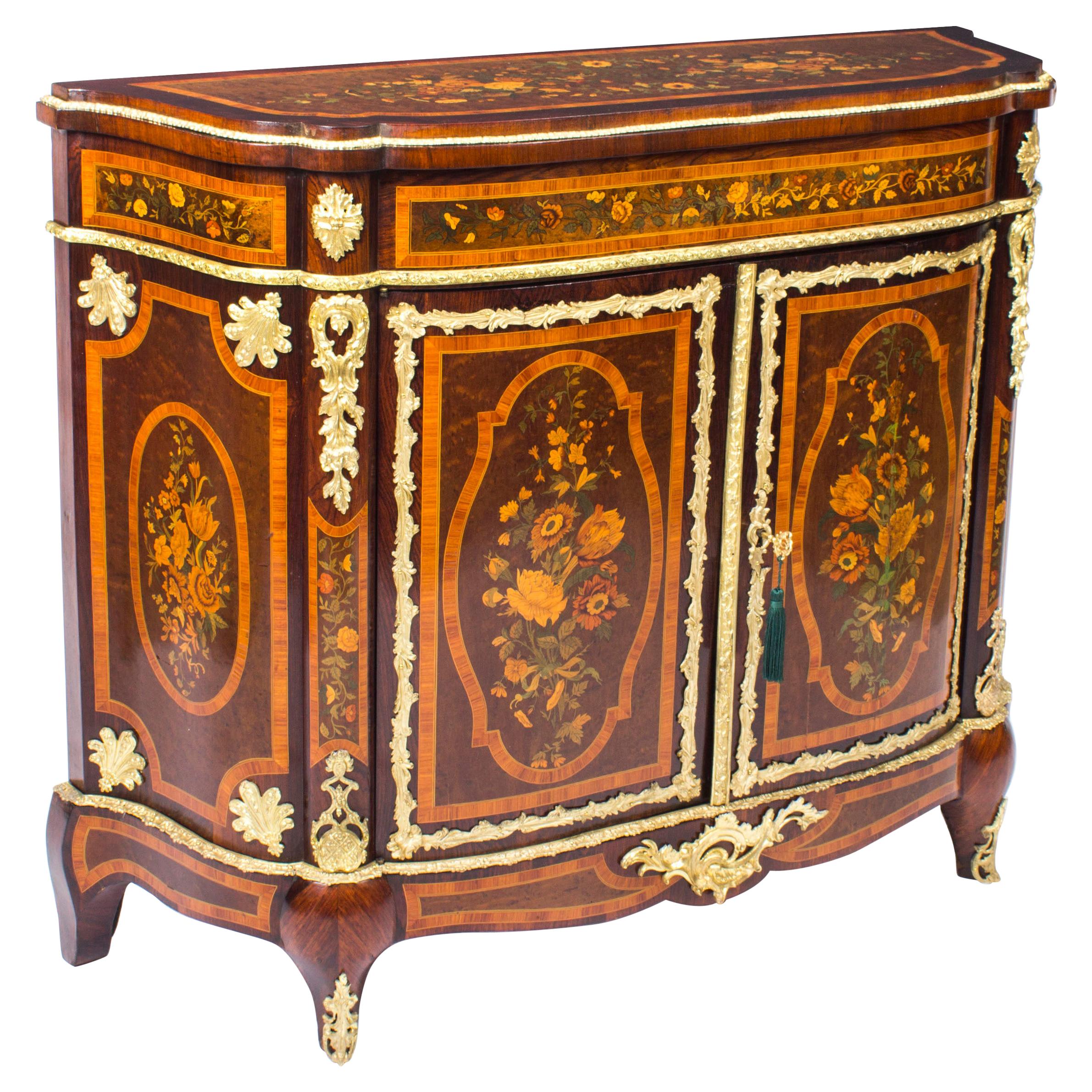 Antique French Amboyna & Floral Marquetry Side Cabinet, 19th Century