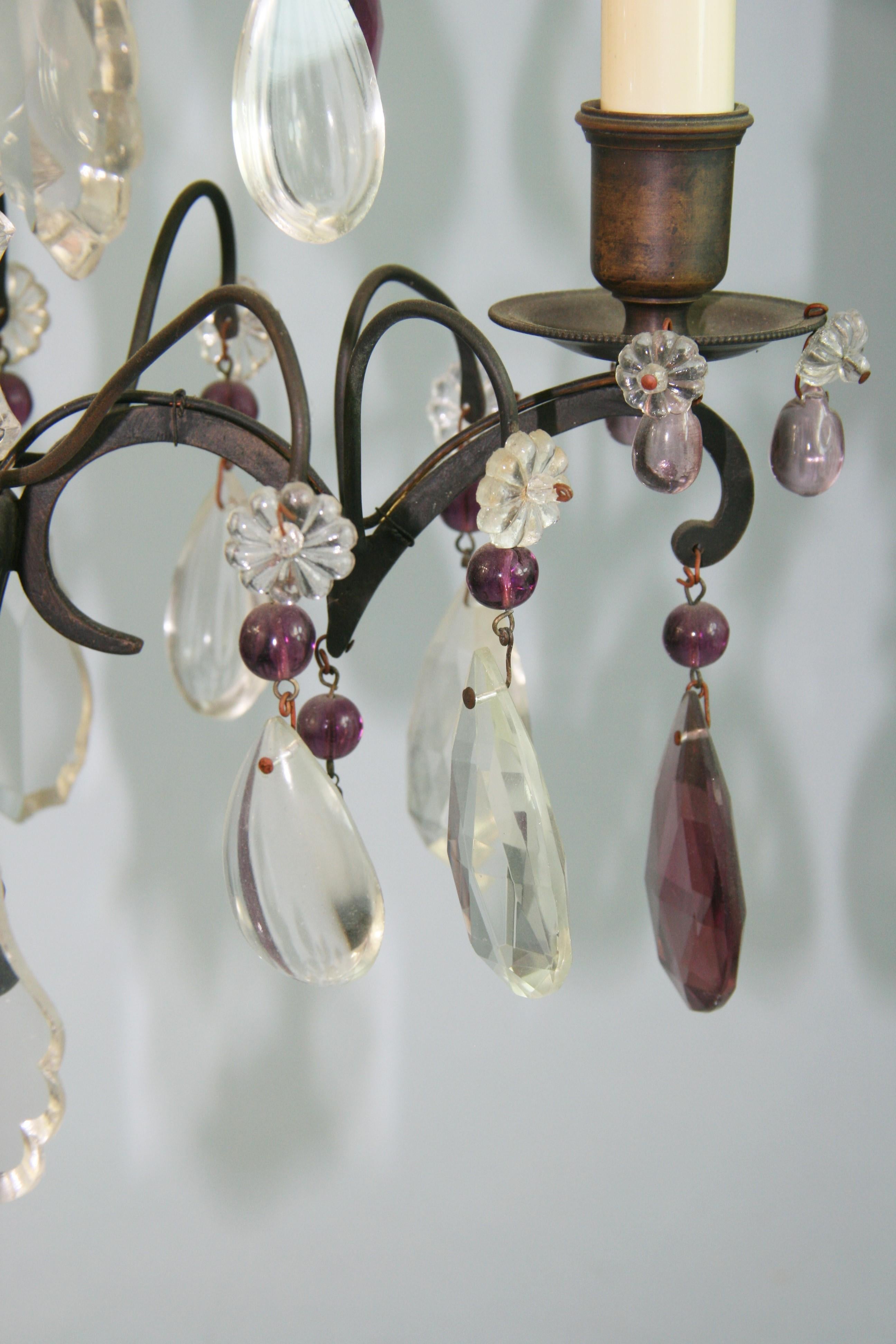Antique French Amethyst and Clear  Crystal Chandelier In Good Condition For Sale In Douglas Manor, NY