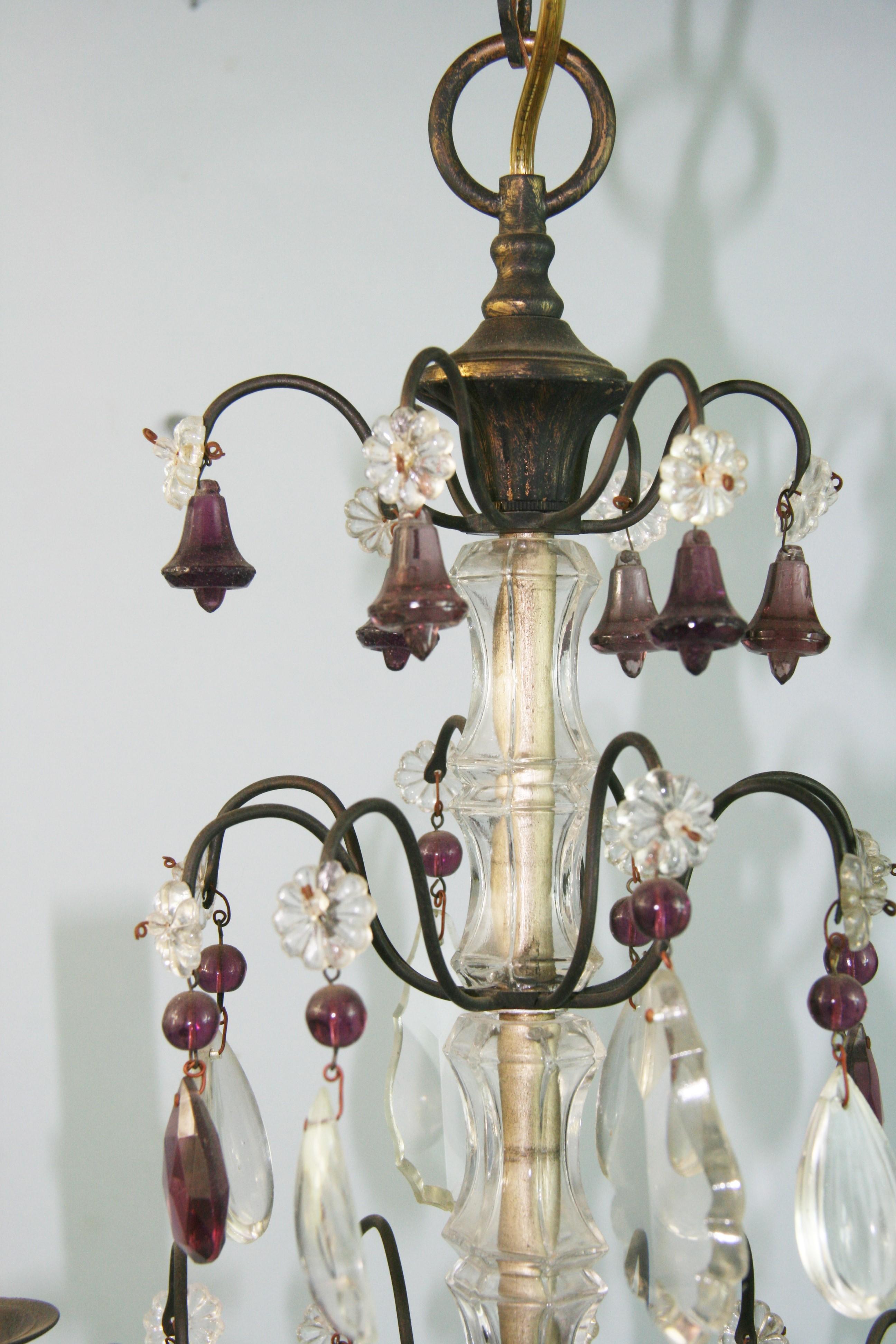 Brass Antique French Amethyst and Clear  Crystal Chandelier For Sale